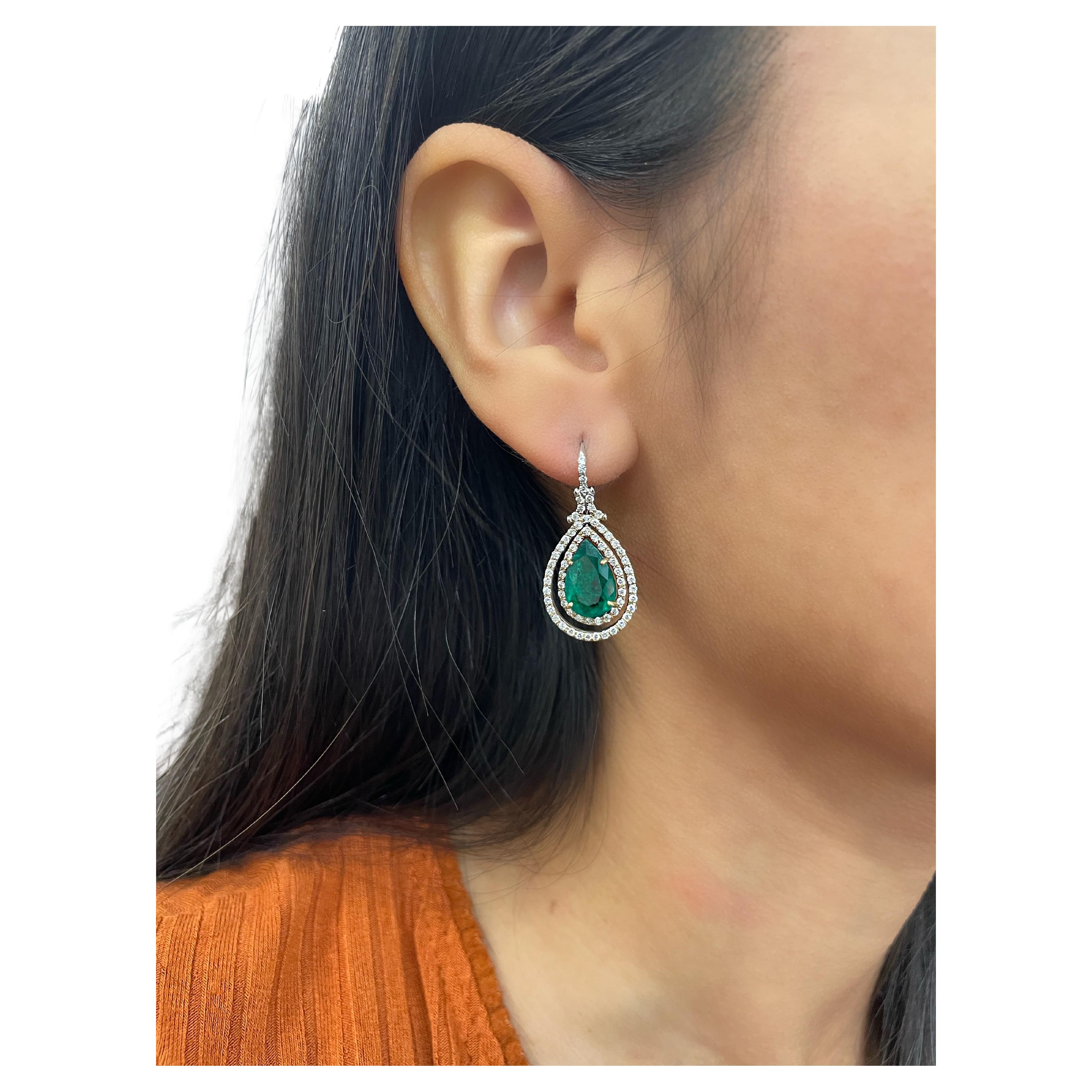 5.55 ct Natural Pear Shape Emerald & Diamond Earrings For Sale