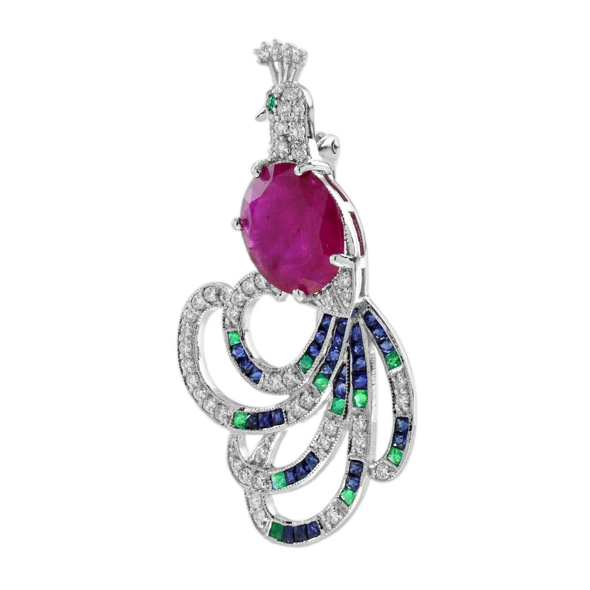4,25 ct. Rubin Smaragd Saphir Diamant Art Deco Stil Pfau Brosche in 18K Gold (Art déco) im Angebot