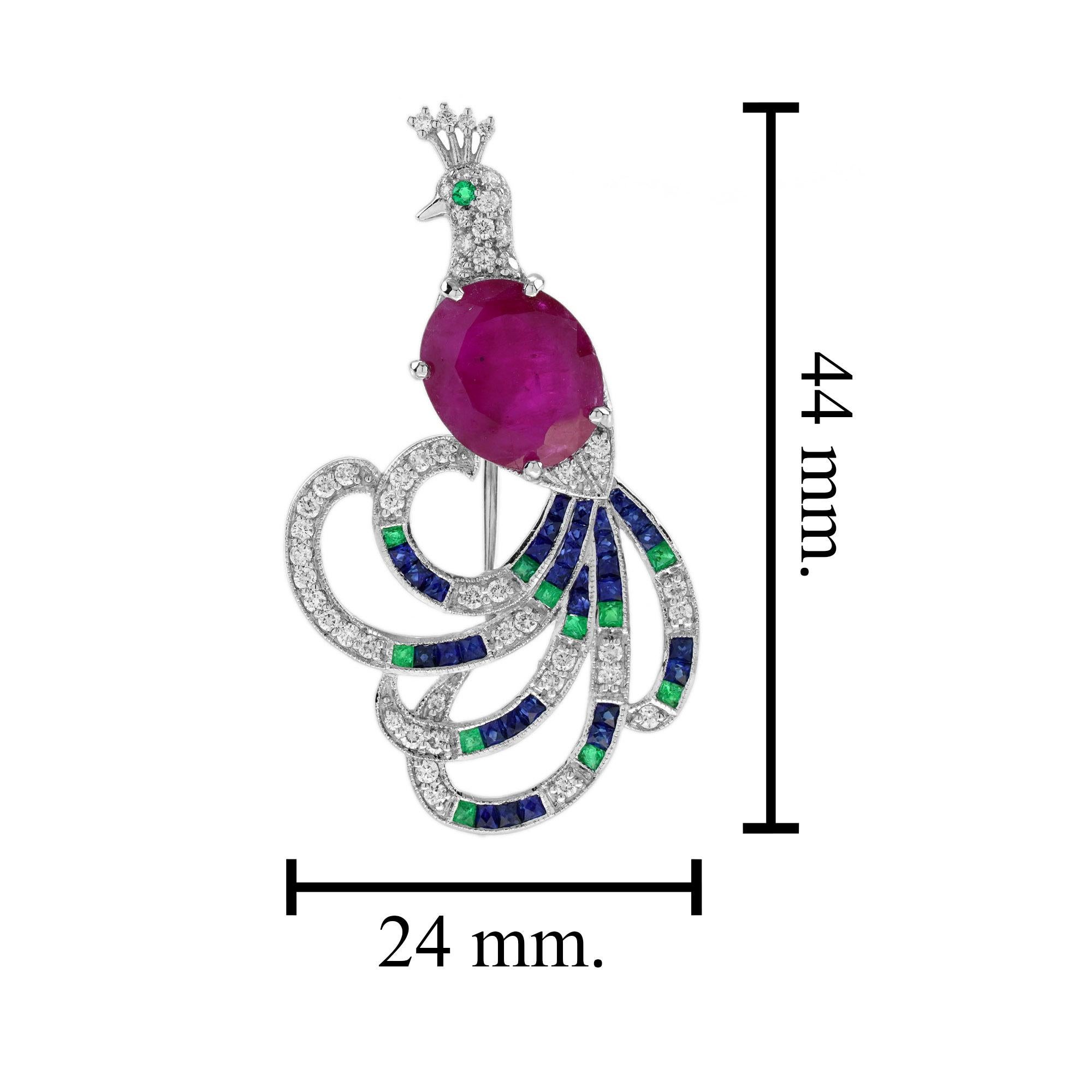 4,25 ct. Rubin Smaragd Saphir Diamant Art Deco Stil Pfau Brosche in 18K Gold Damen im Angebot