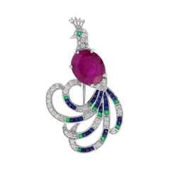 4.25 Ct. Ruby Emerald Sapphire Diamond Art Deco Style Peacock Brooch in 18K Gold