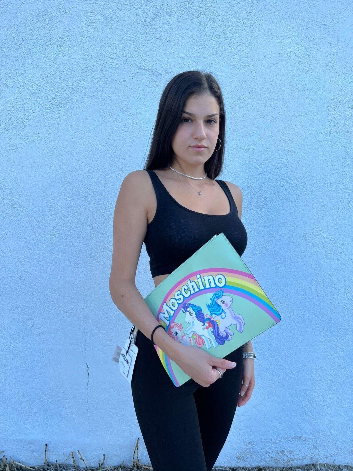 $425 SS18 Moschino Couture Jeremy Scott My Little Pony Green Rainbow Clutch Bag 10