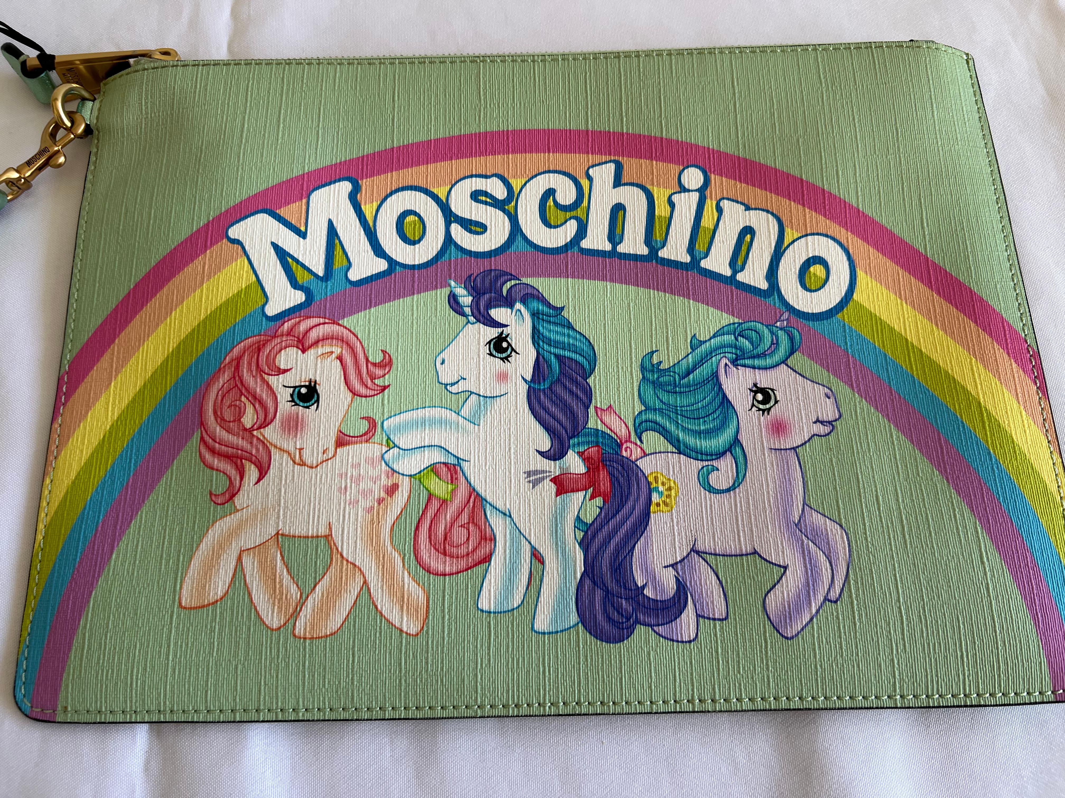 Women's or Men's $425 SS18 Moschino Couture Jeremy Scott My Little Pony Green Rainbow Clutch Bag