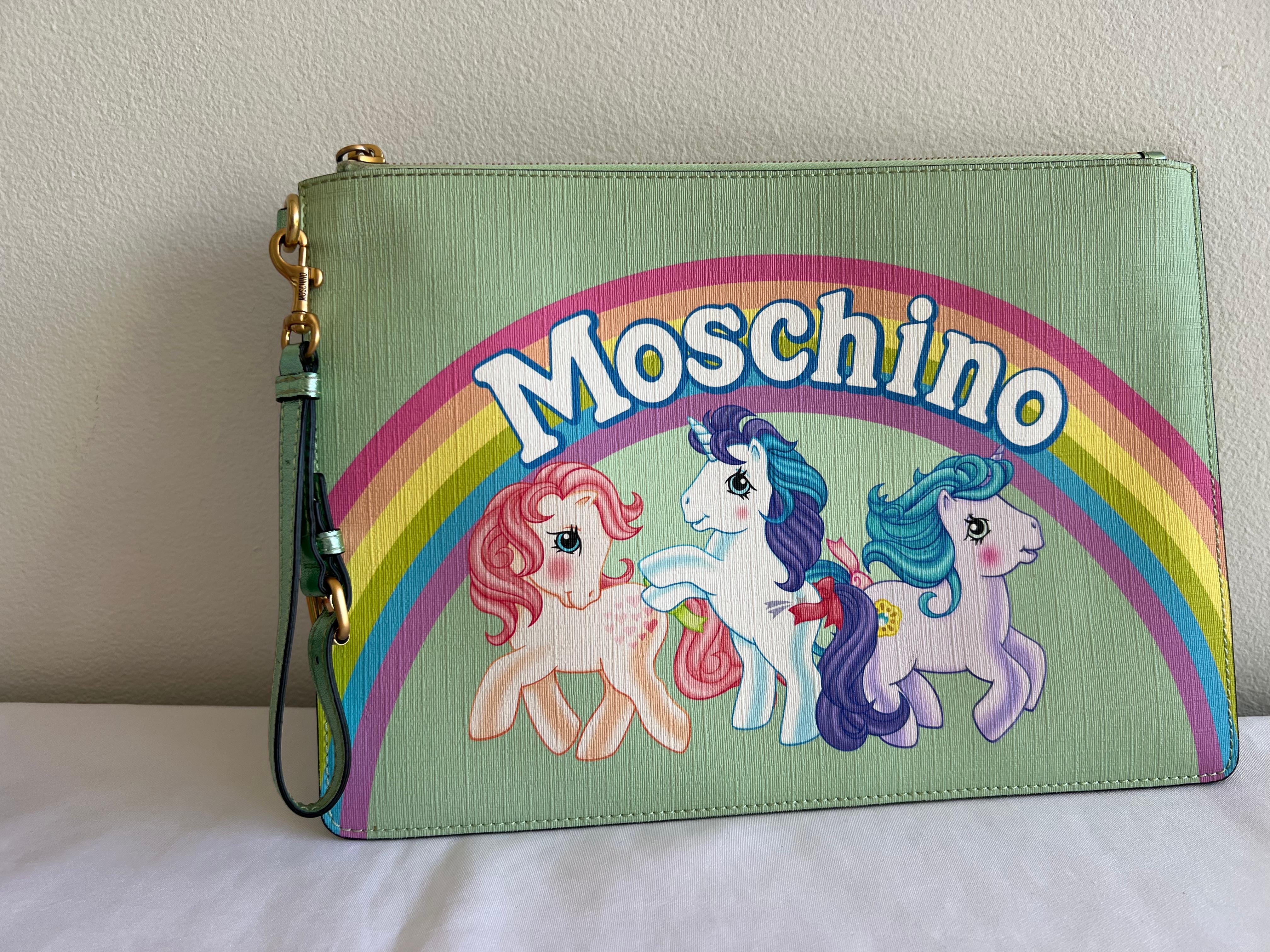 $425 SS18 Moschino Couture Jeremy Scott My Little Pony Green Rainbow Clutch Bag 1