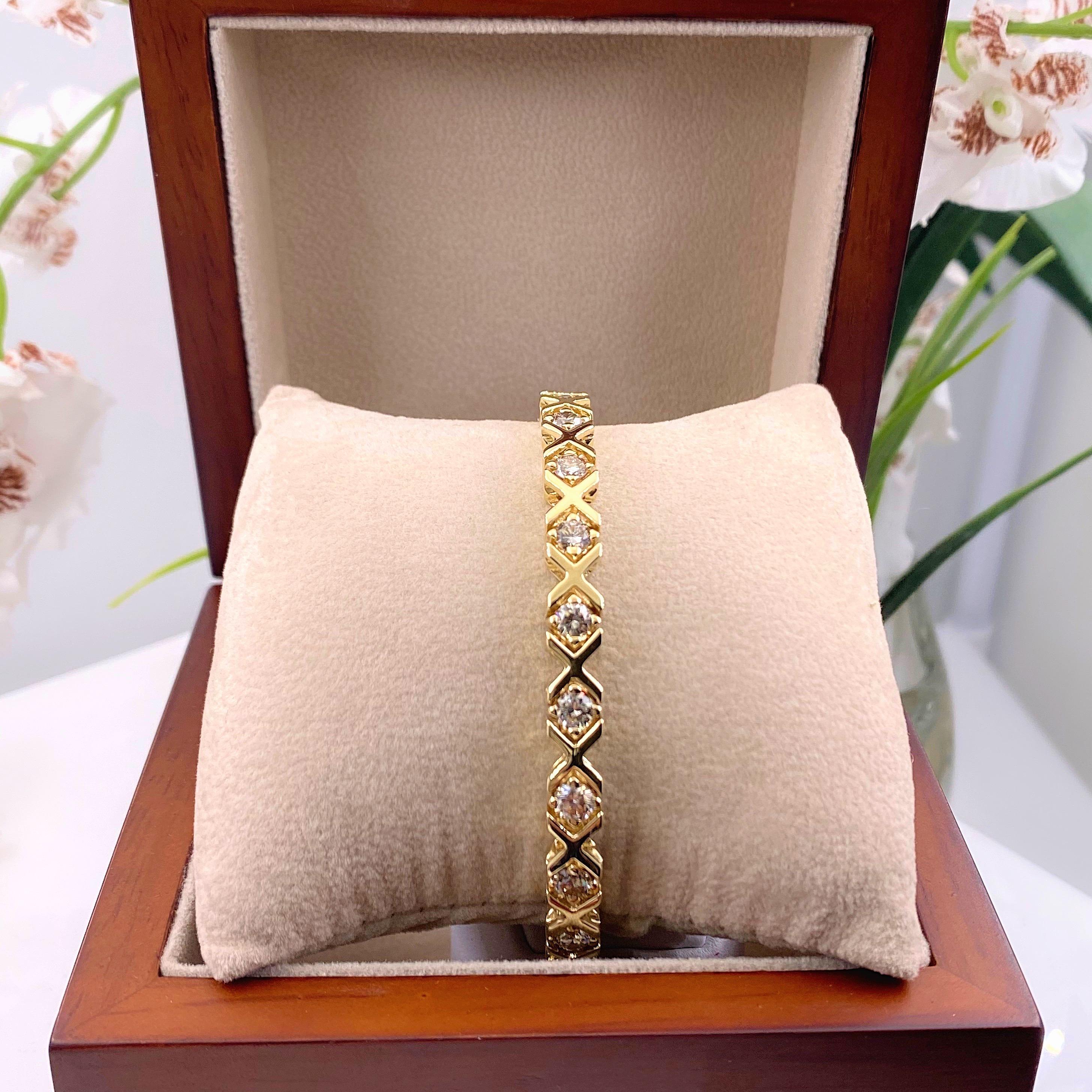 4,25 Karat Diamant-Tennisarmband XO Hugs and Kisses 14 Karat Gelbgold im Zustand „Hervorragend“ in San Diego, CA