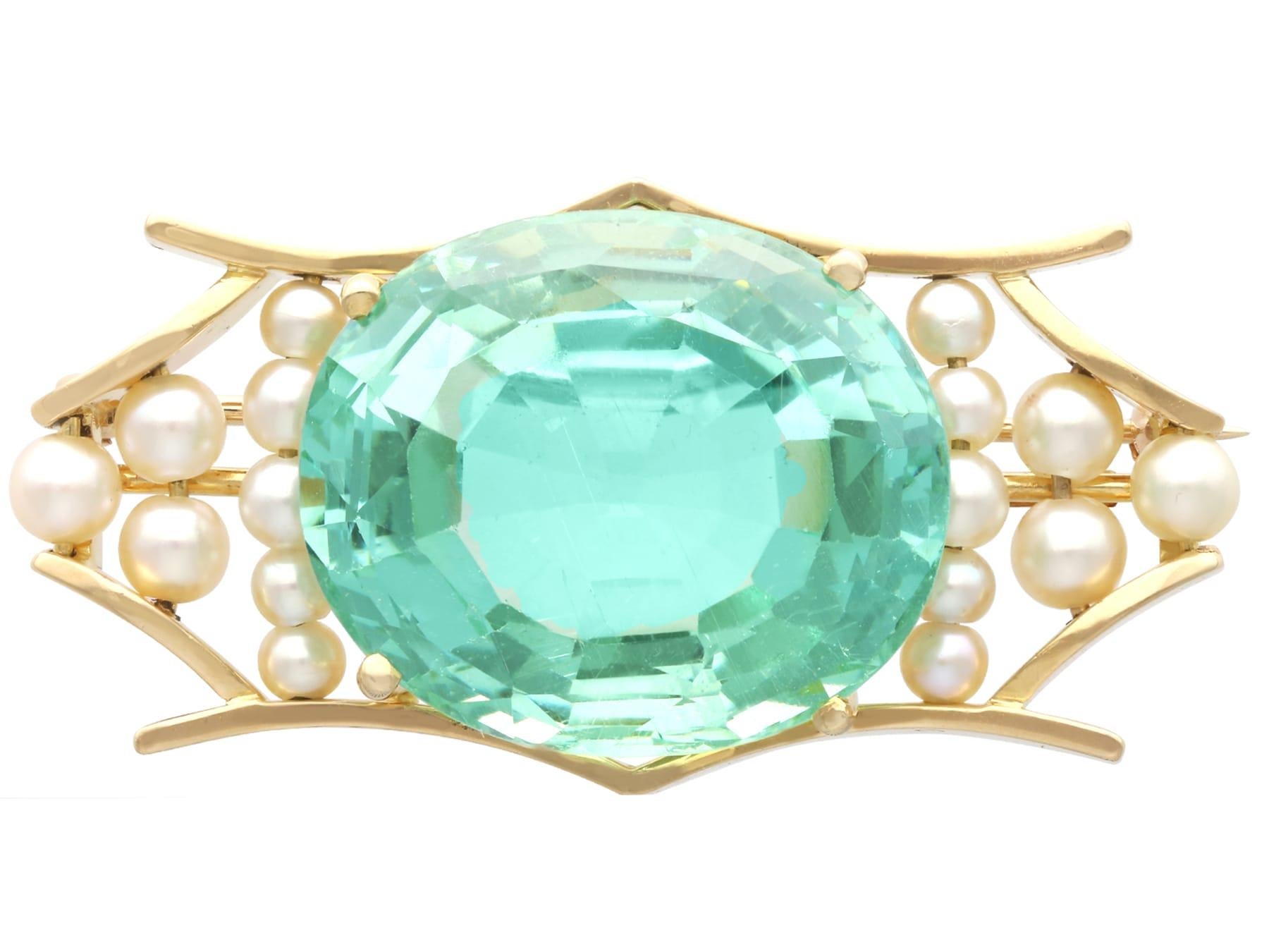 42.50 Carat Aquamarine and Pearl, 18k Yellow Gold Birks Brooch Circa 1935 For Sale