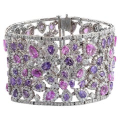 Guild Lab certified 42.50 Carat Purple and Pink Sapphires Diamond 18KWG Bracelet