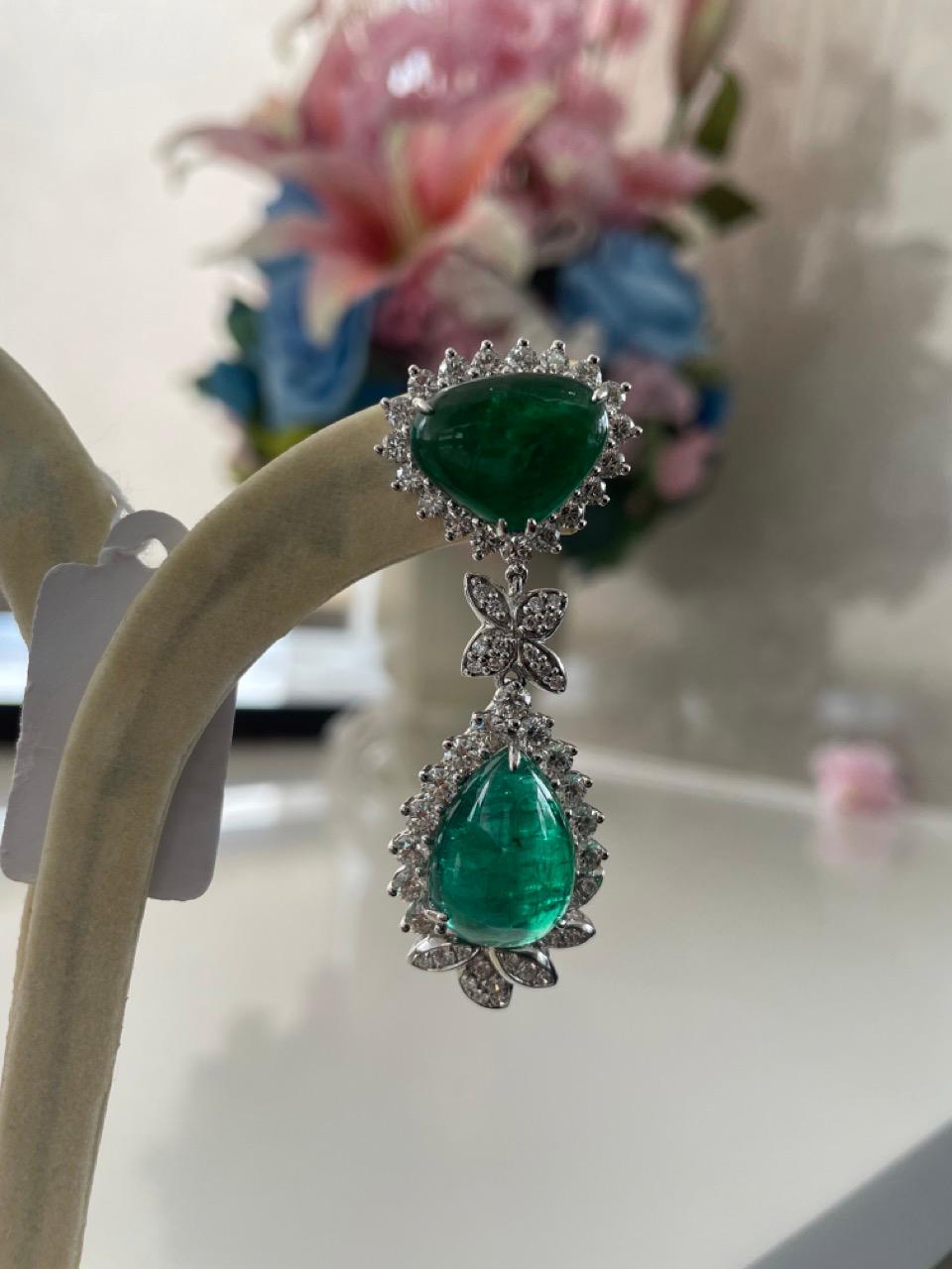 Modern 42.56 Carats Emerald Cabochon Diamond Dangle Earring For Sale