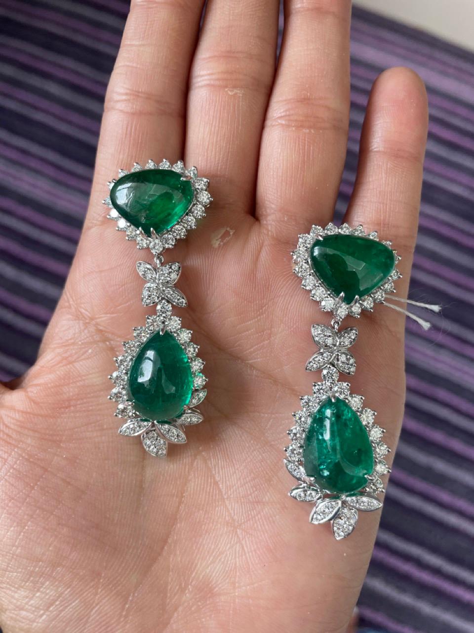 Women's 42.56 Carats Emerald Cabochon Diamond Dangle Earring For Sale