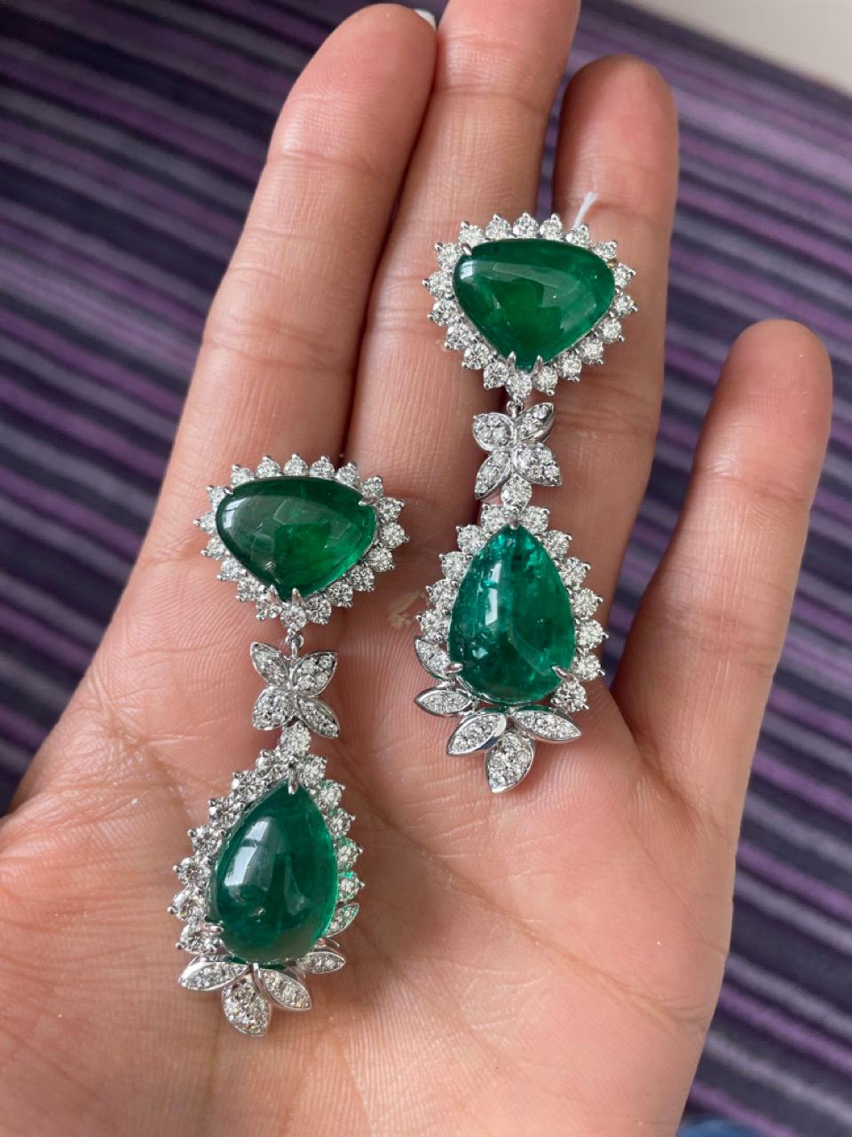 42.56 Carats Emerald Cabochon Diamond Dangle Earring For Sale 1