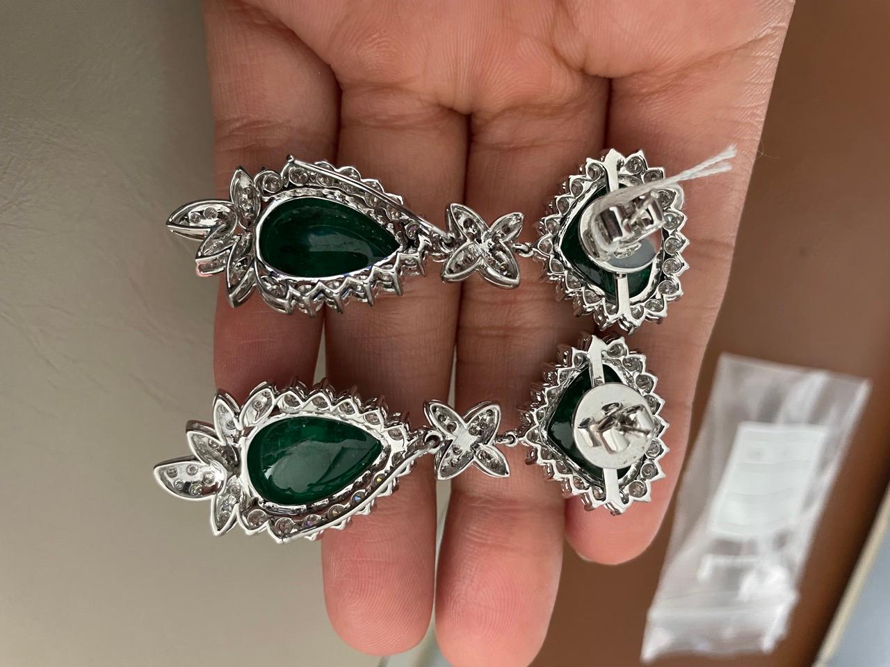 42.56 Carats Emerald Cabochon Diamond Dangle Earring For Sale 3