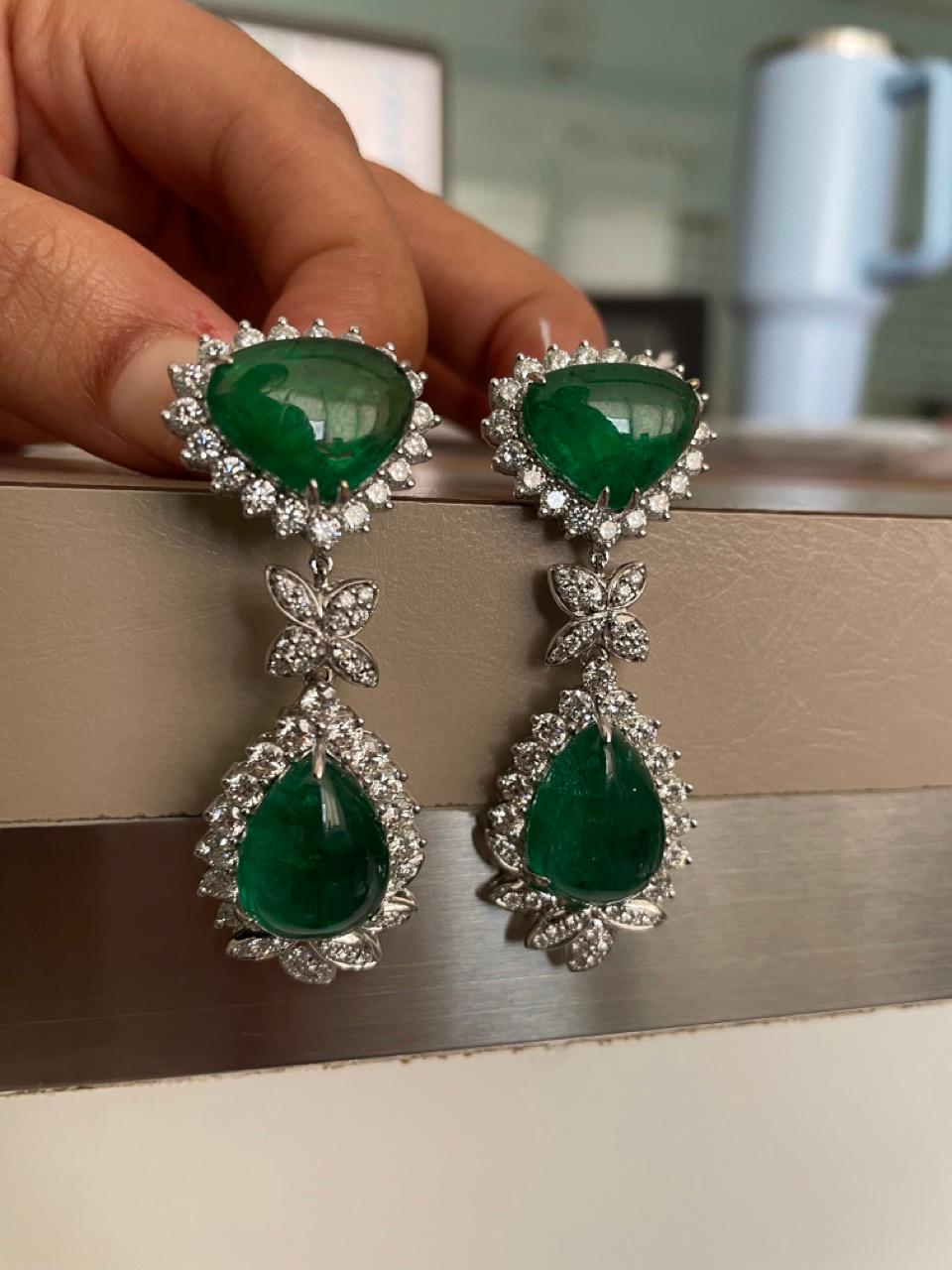 42.56 Carats Emerald Cabochon Diamond Dangle Earring For Sale 4