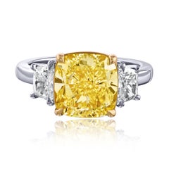 4.25ct Cushion Cut Three Stone Fancy Yellow Diamond Engagement Ring