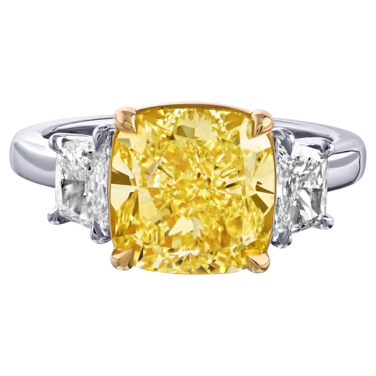4.25ct Cushion Cut Three Stone Fancy Yellow Diamond Engagement Ring