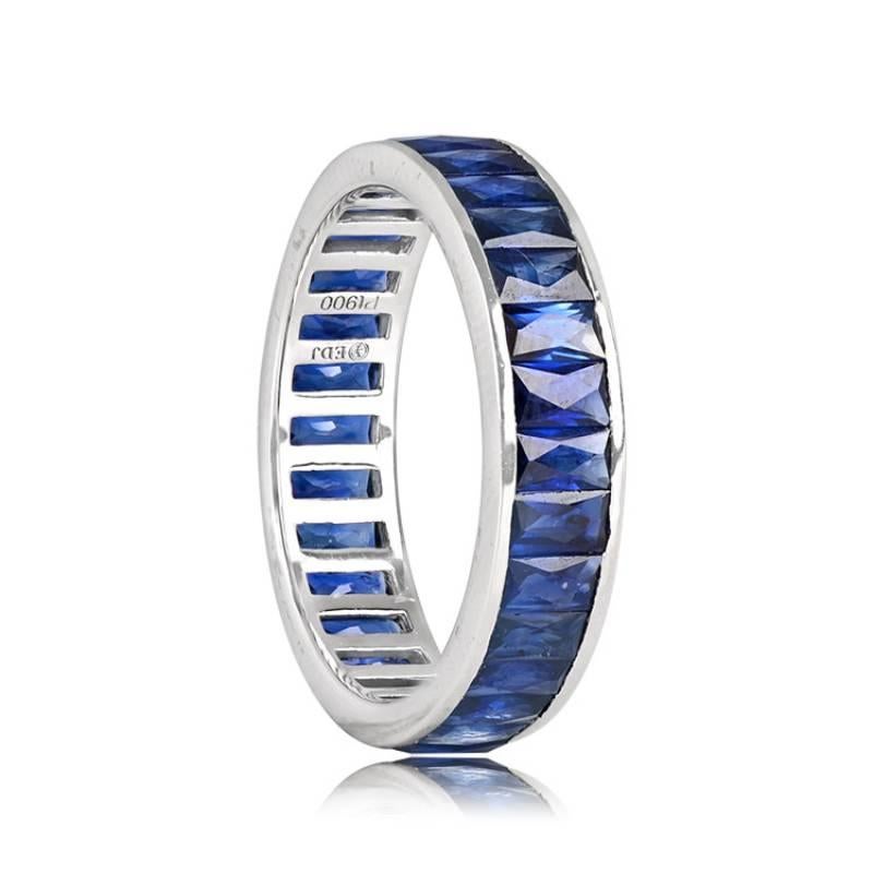 Art Deco 4.25ct French Cut Sapphire Eternity Band Ring, Platinum For Sale