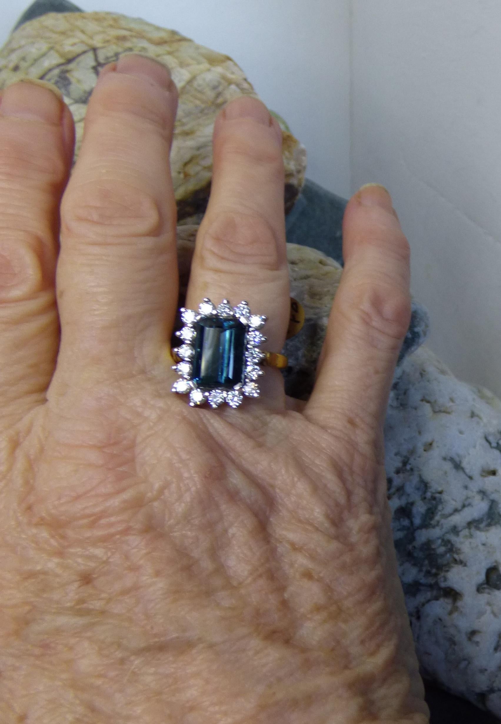 4.25ct. Step Cut  Indicolite and Diamond Cluster Ring in 18K gold For Sale 4