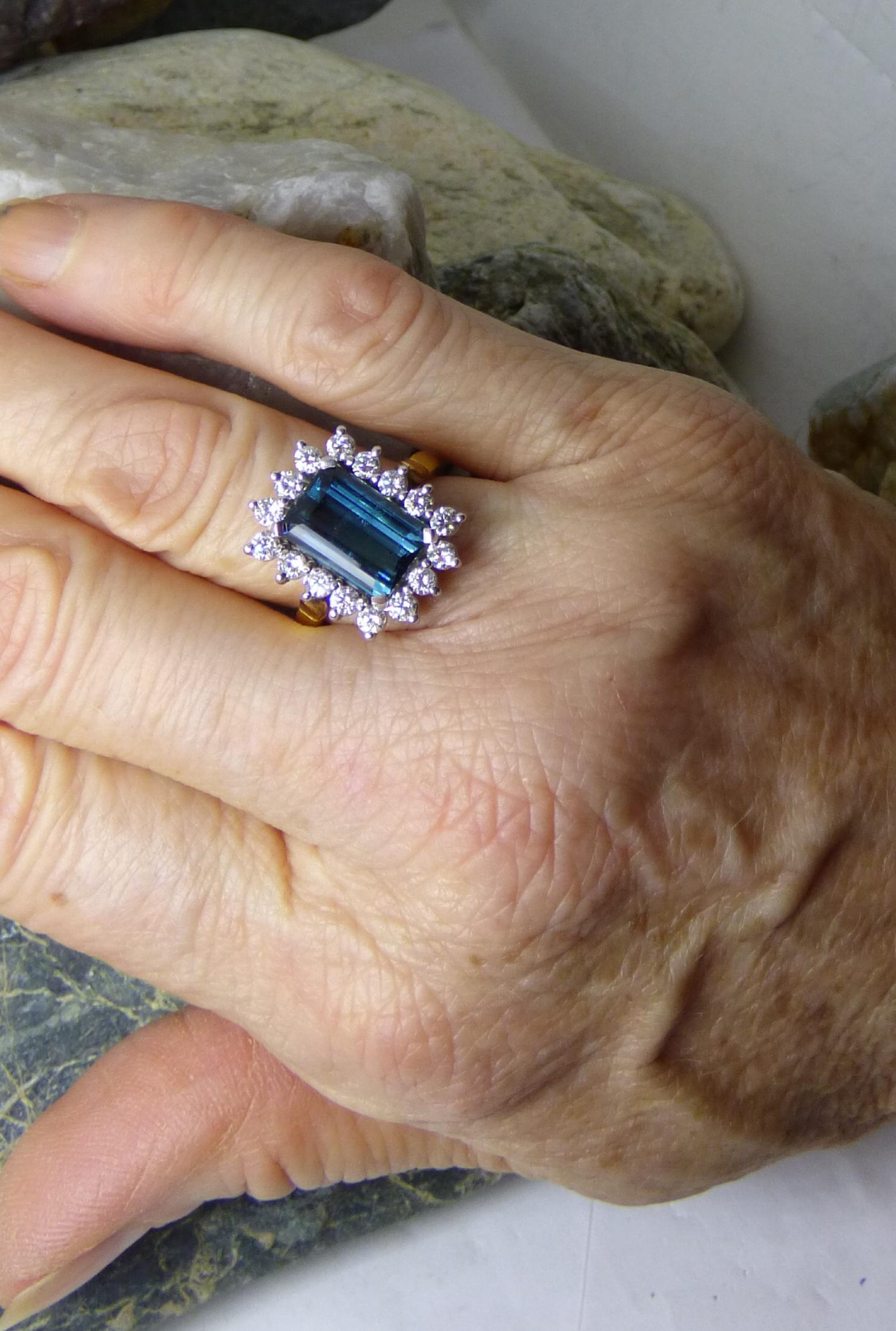 4.25ct. Step Cut  Indicolite and Diamond Cluster Ring in 18K gold For Sale 5