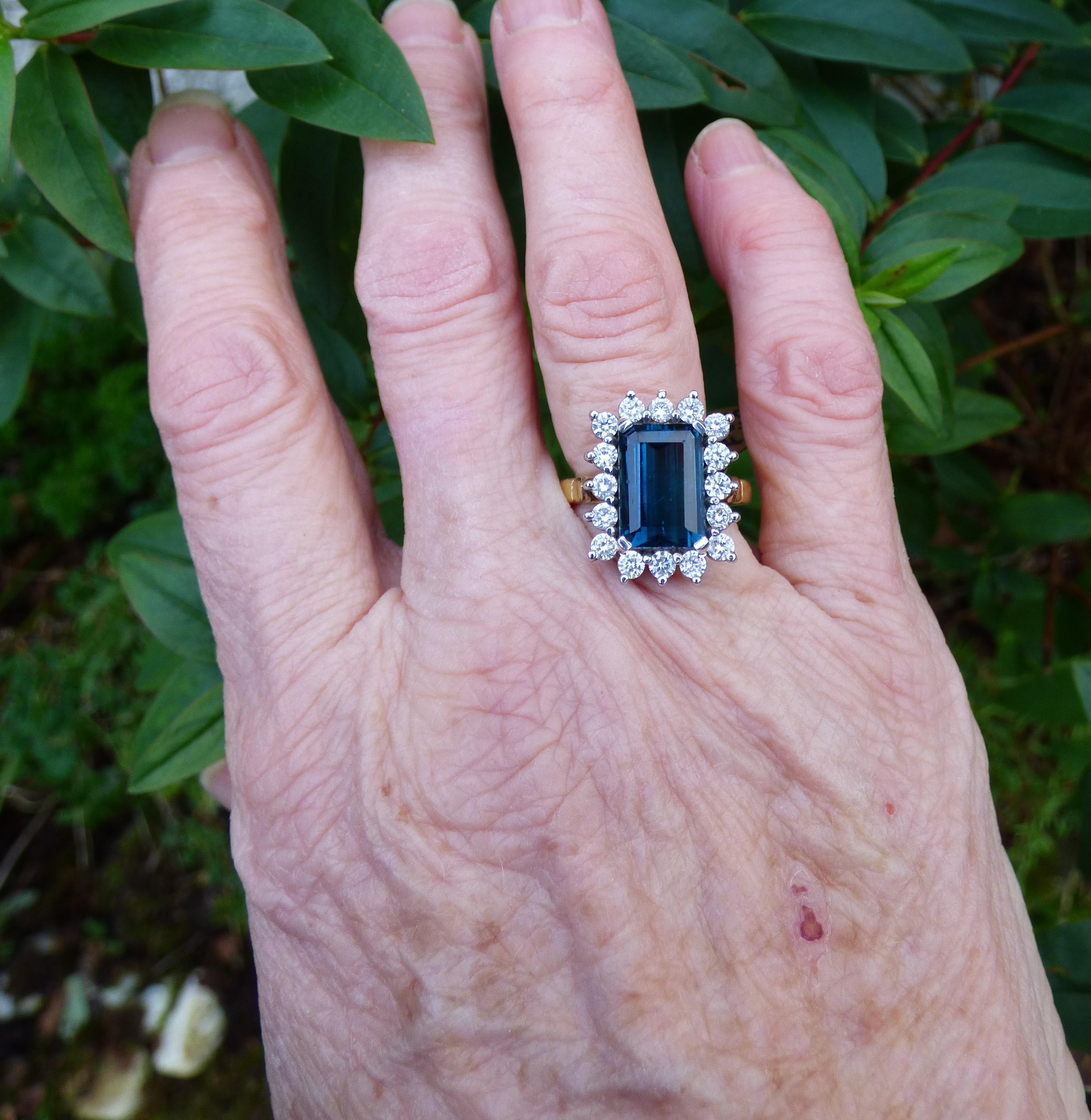 Emerald Cut 4.25ct. Step Cut  Indicolite and Diamond Cluster Ring in 18K gold For Sale