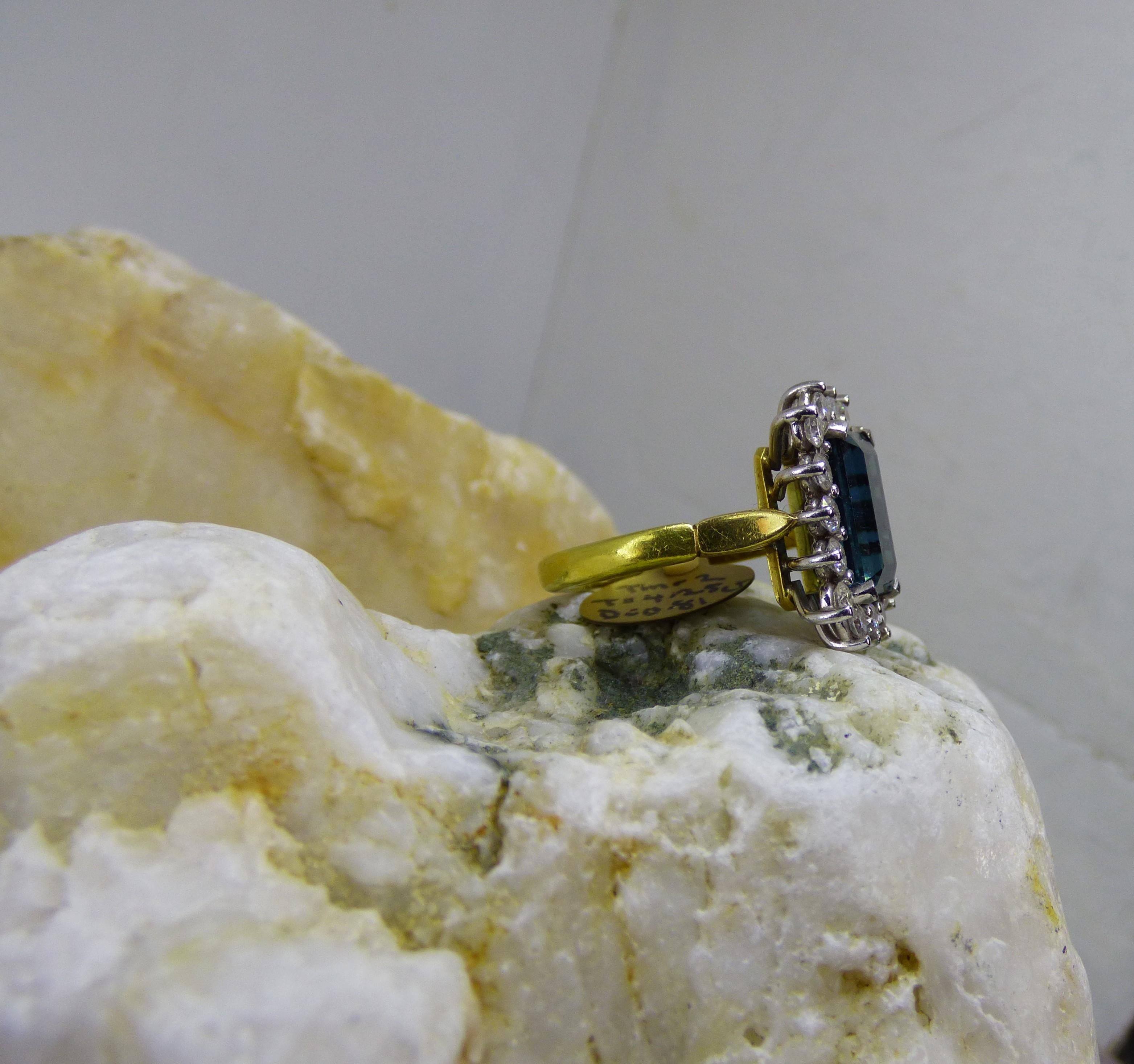 4.25ct. Step Cut  Indicolite and Diamond Cluster Ring in 18K gold For Sale 1