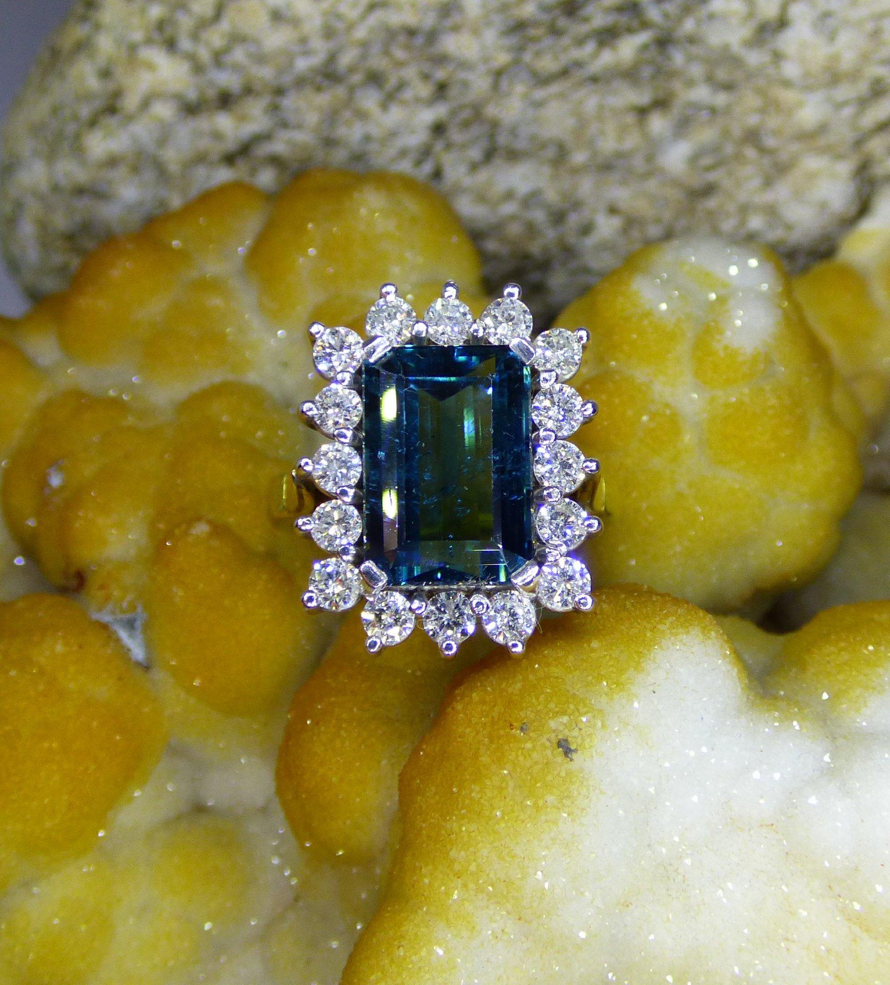 4.25ct. Step Cut  Indicolite and Diamond Cluster Ring in 18K gold For Sale 3