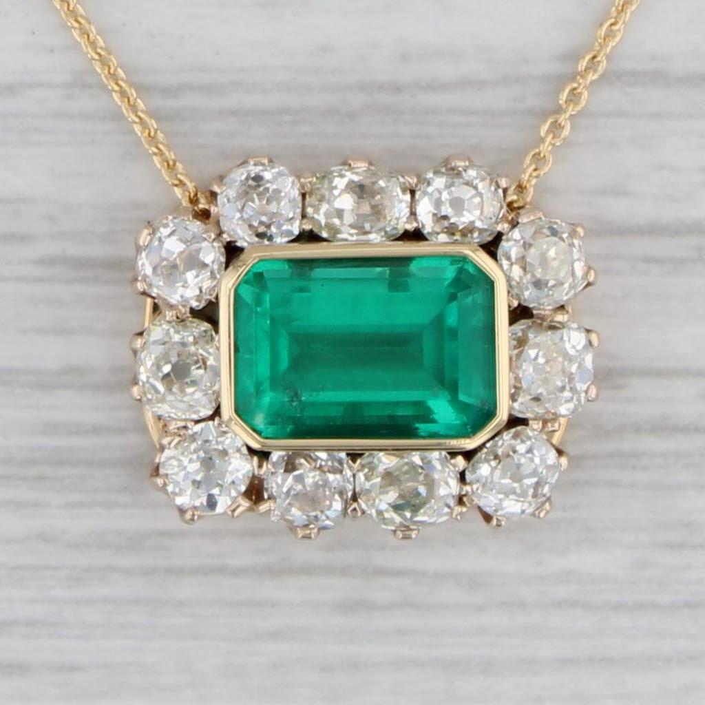 Emerald Cut 4.25ctw Antique GIA F1 Emerald Mine Diamond Halo Pendant Necklace 18k Gold 17.5
