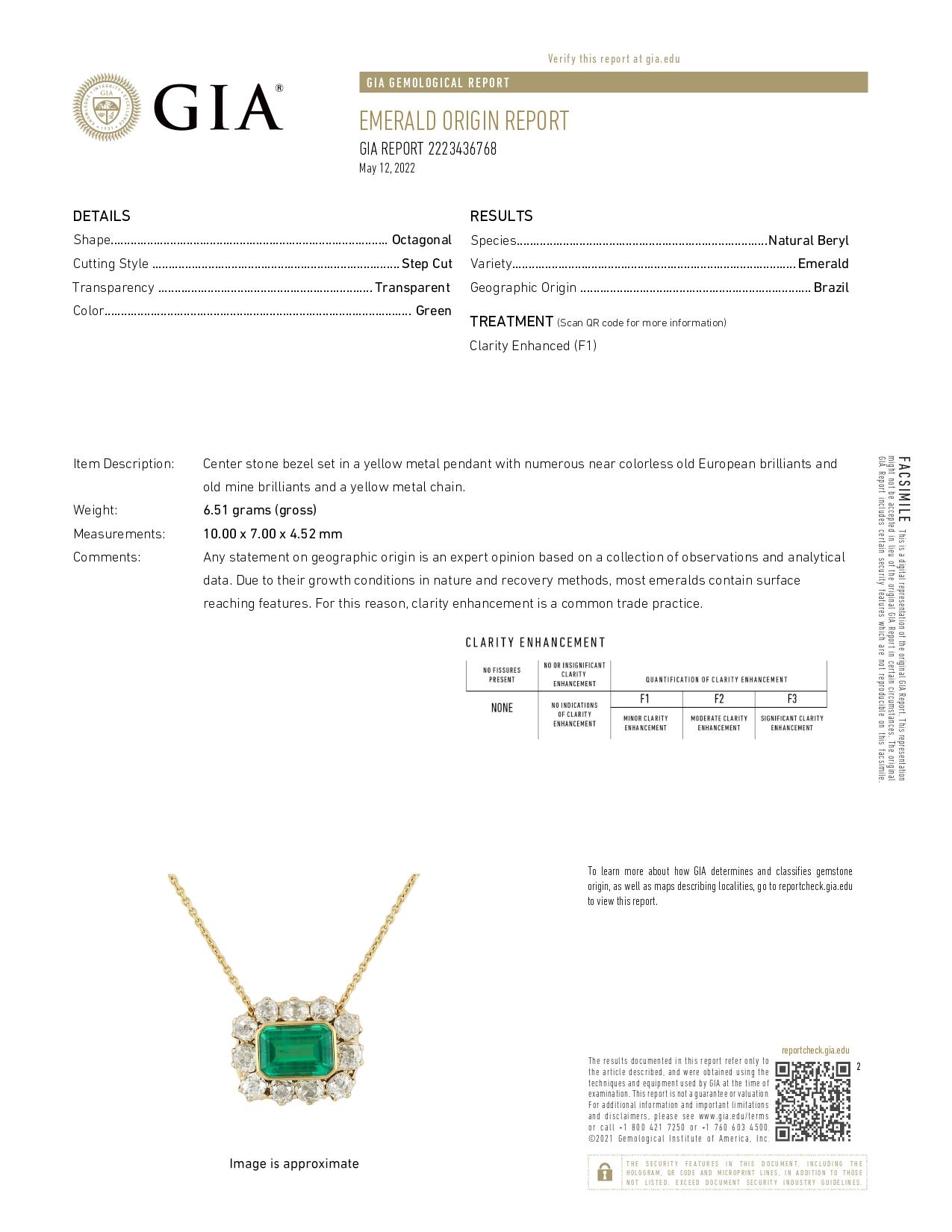 4.25ctw Antique GIA F1 Emerald Mine Diamond Halo Pendant Necklace 18k Gold 17.5