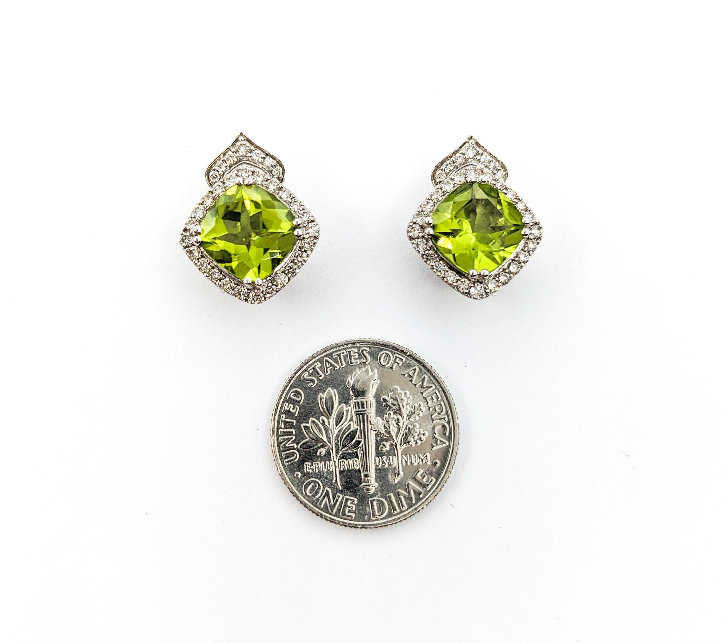 Contemporary 4.25ctw Peridot & Diamond Stud earrings In White Gold For Sale
