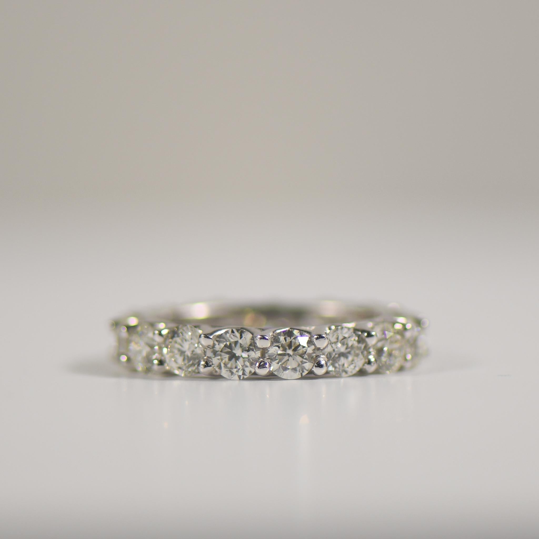4.25ctw Round Brilliant Cut Diamond Eternity Band in 18K White Gold Size 6.75 In Good Condition For Sale In Addison, TX