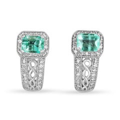 4.25tcw Colombian Rectangle Emerald & Diamond Omega Earrings 14K White Gold
