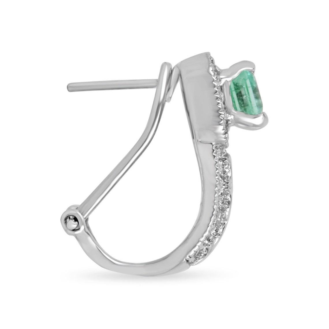 Modern 4.25tcw Colombian Rectangle Emerald & Diamond Omega Earrings 14K White Gold For Sale
