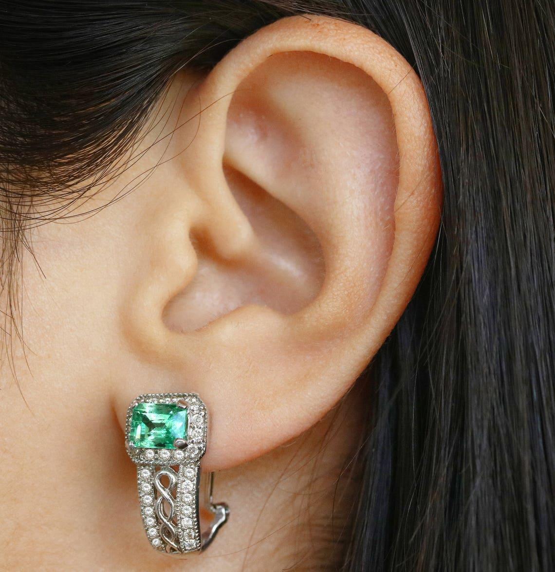 Emerald Cut 4.25tcw Colombian Rectangle Emerald & Diamond Omega Earrings 14K White Gold For Sale