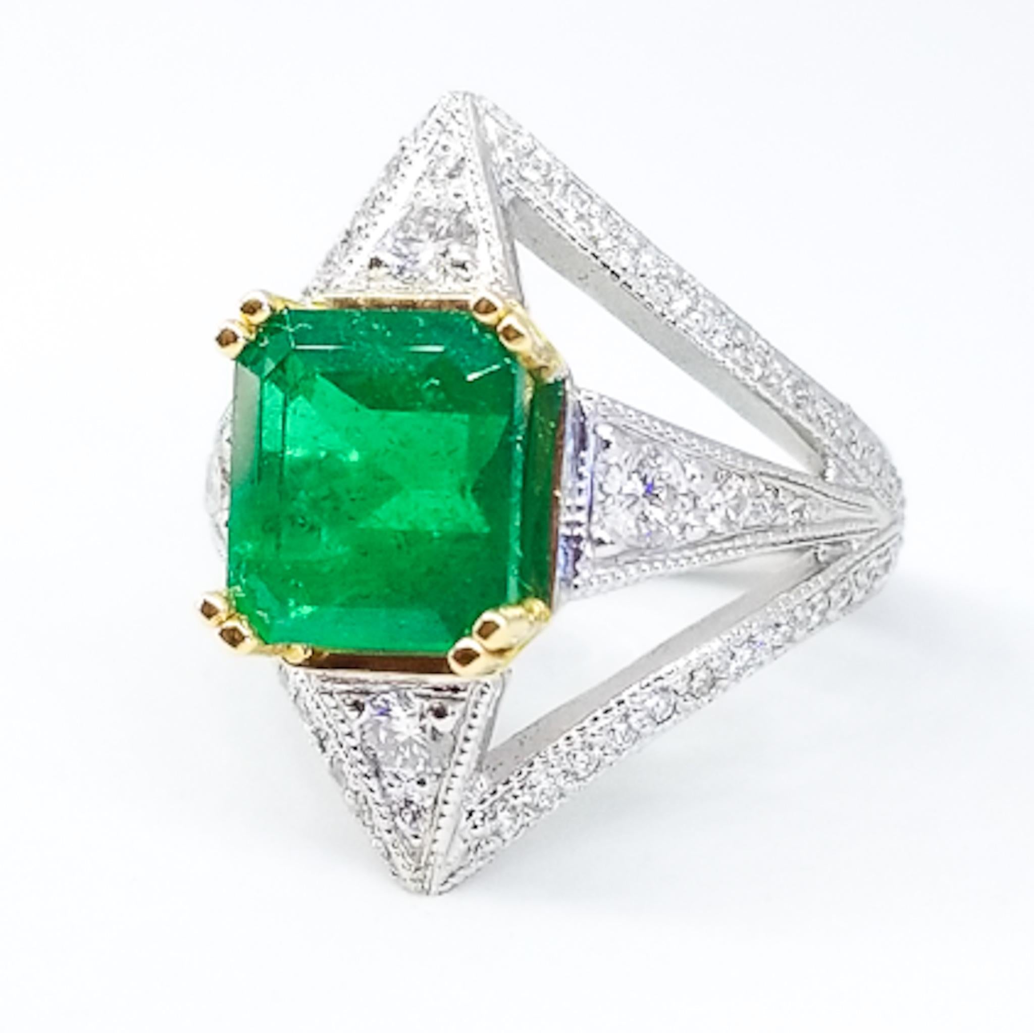 This Custom Designed, One of a Kind Statement Ring by Tom Castor features a Very Fine Colombian Emerald of 3.26 Carat. The Square Cut stone is of rich Grass Green Color and exceptional Gem Clarity. The ring was specifically designed for this fine