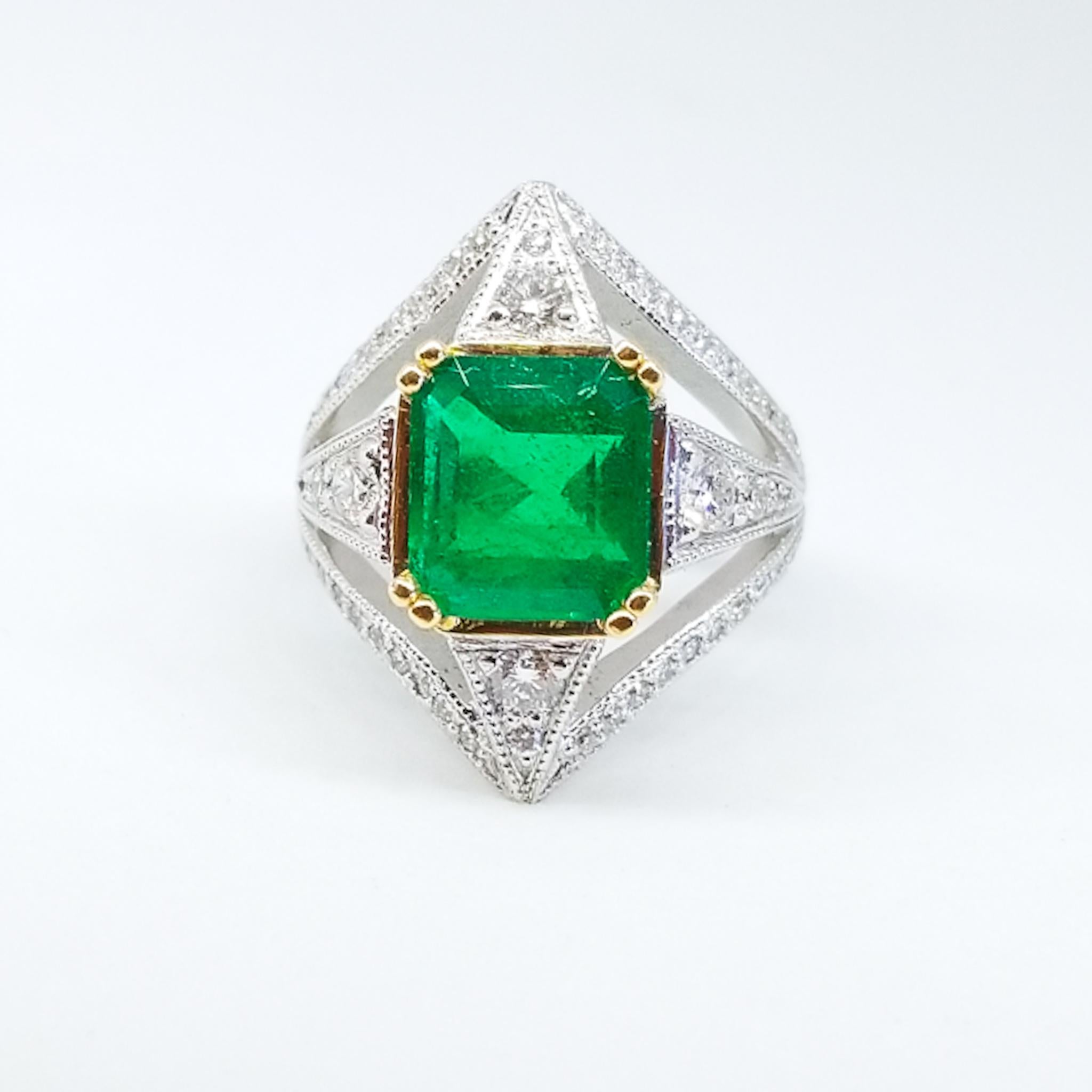 Square Cut 4.26 Carat Colombian Green Emerald Diamond One of a Kind Tom Castor Ring 18K For Sale