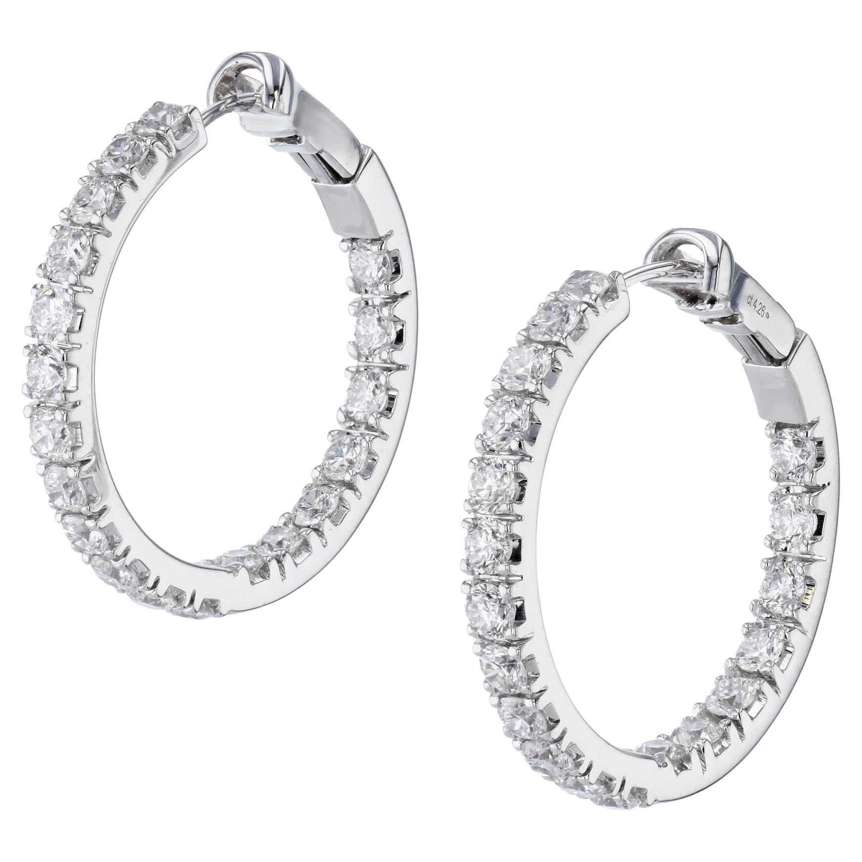 4.26 Carat Diamond 18 Karat White Gold Hoop Earrings  For Sale