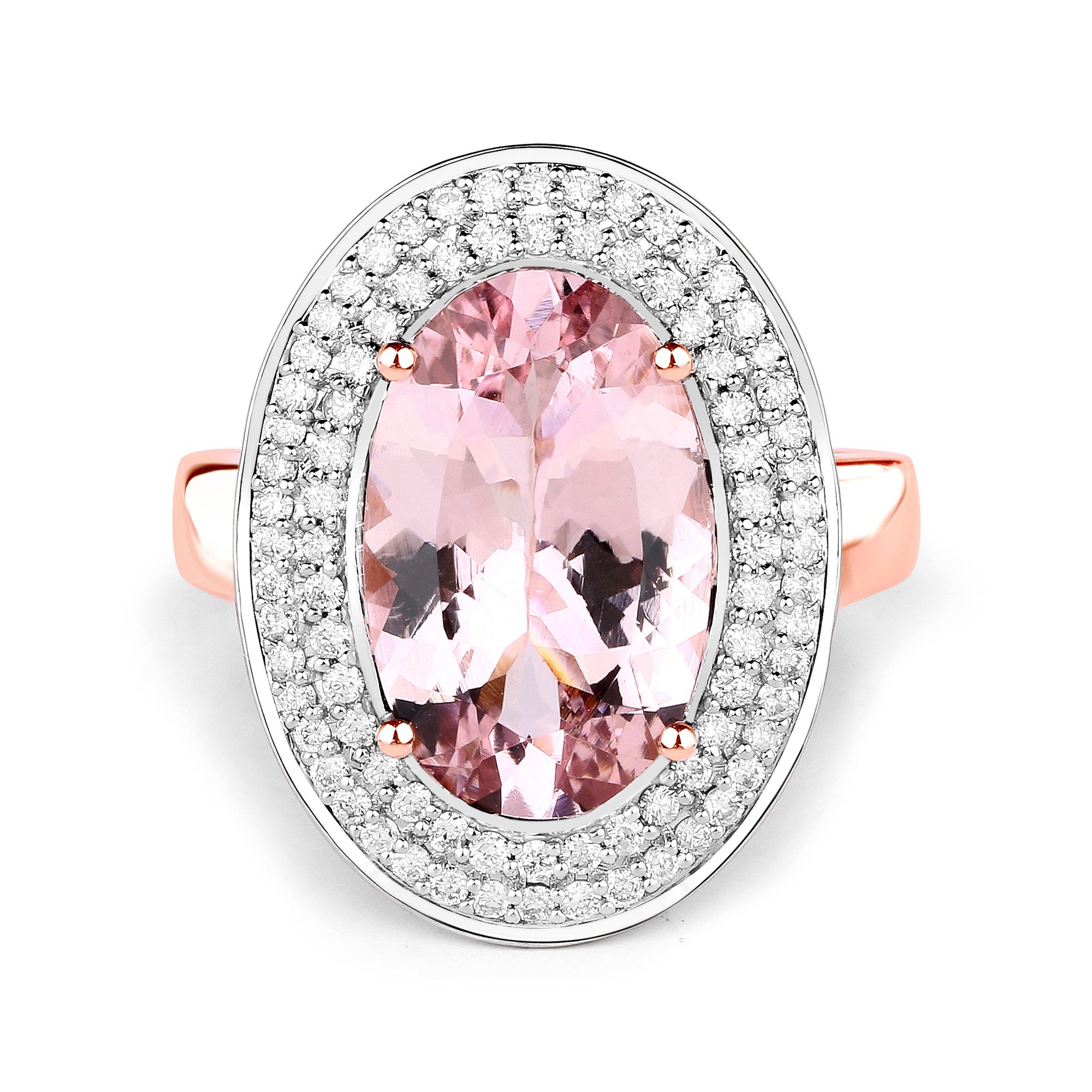 Oval Cut 4.26 Carat Morganite and Diamond 14 Karat Rose Gold Cocktail Ring For Sale