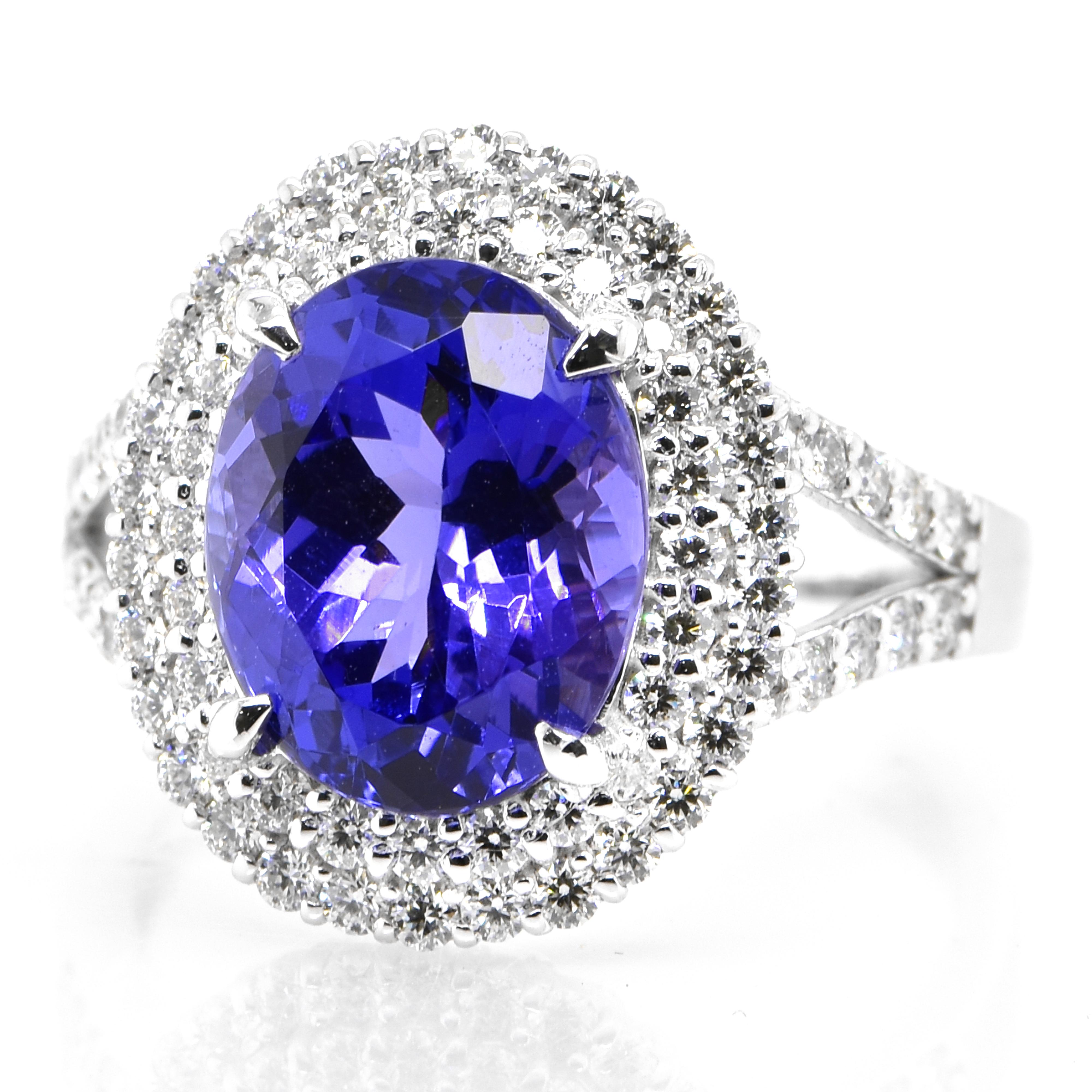 A beautiful ring featuring a 4.26 Carat Natural Tanzanite and 0.72 Carats Diamond Accents set in Platinum. Tanzanite's name was given by Tiffany and Co after its only known source: Tanzania. Tanzanite displays beautiful pleochroic colors meaning