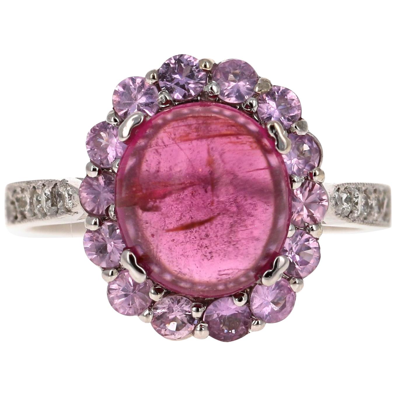 4,26 Quilates Turmalina Rosa Zafiro Diamante Anillo de Oro Blanco de 14 Kilates
