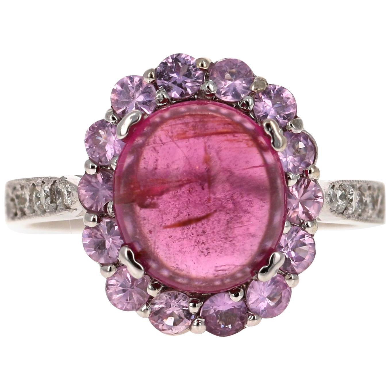 Bague en or blanc 14 carats avec tourmaline rose, saphirs et diamants de 4,26 carats