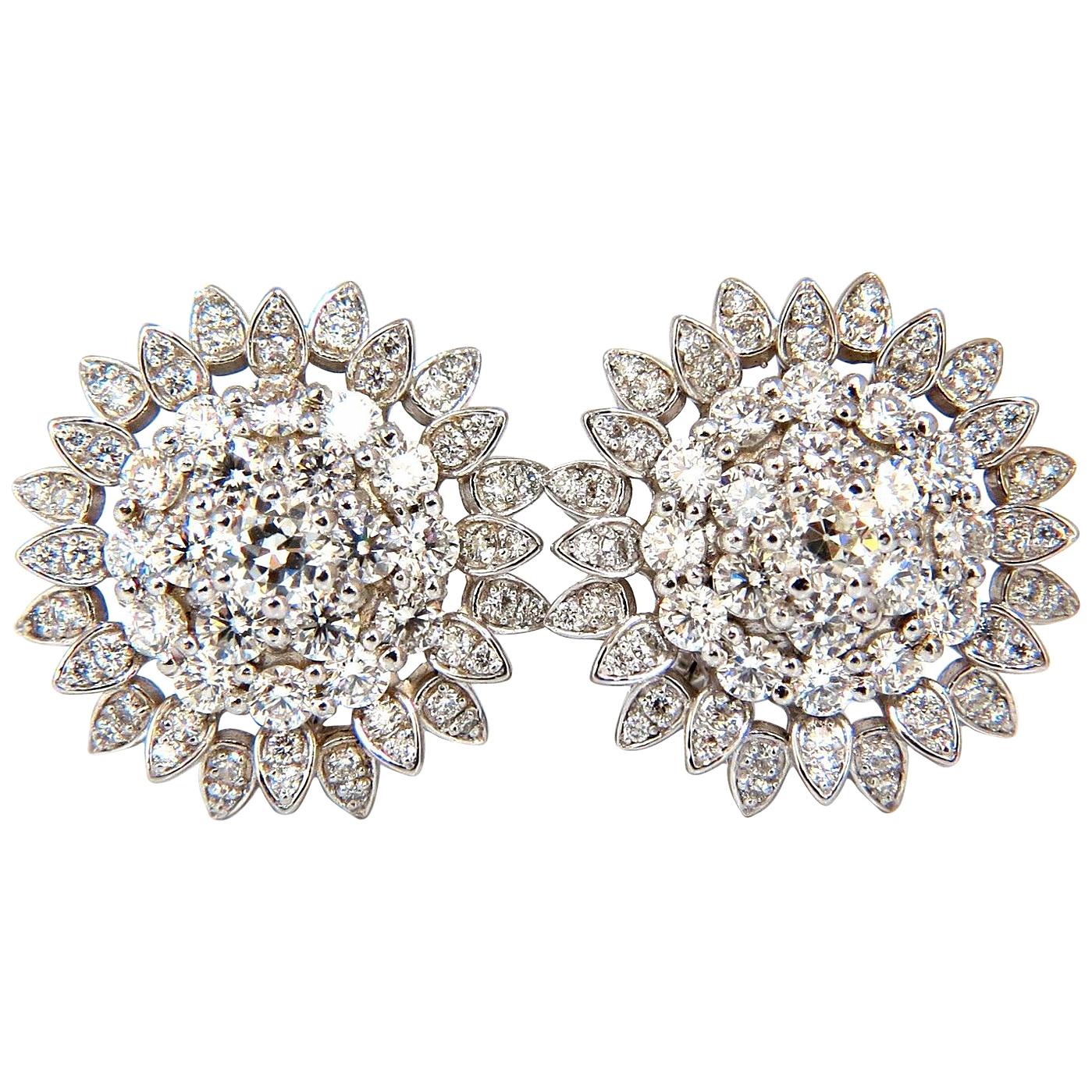 4.26 Carat Round Natural Diamond Cluster Starburst Clip Earrings 18 Karat g.vs For Sale