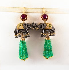42.60 Carat White Diamond Emerald Ruby Tsavorite Yellow Gold Elephants Earrings