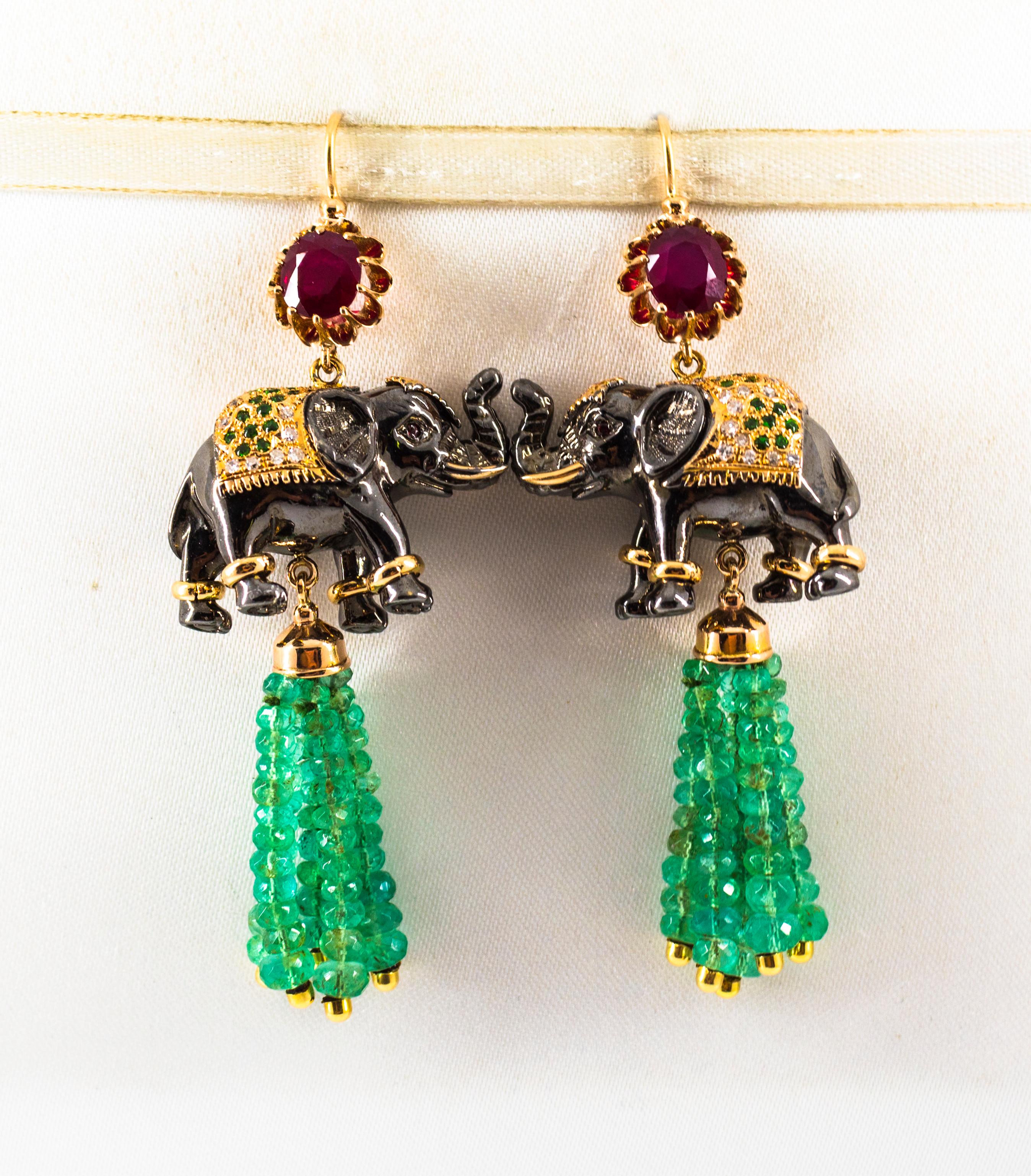 Art Nouveau 42.60 Carat White Diamond Emerald Ruby Tsavorite Yellow Gold Elephants Earrings