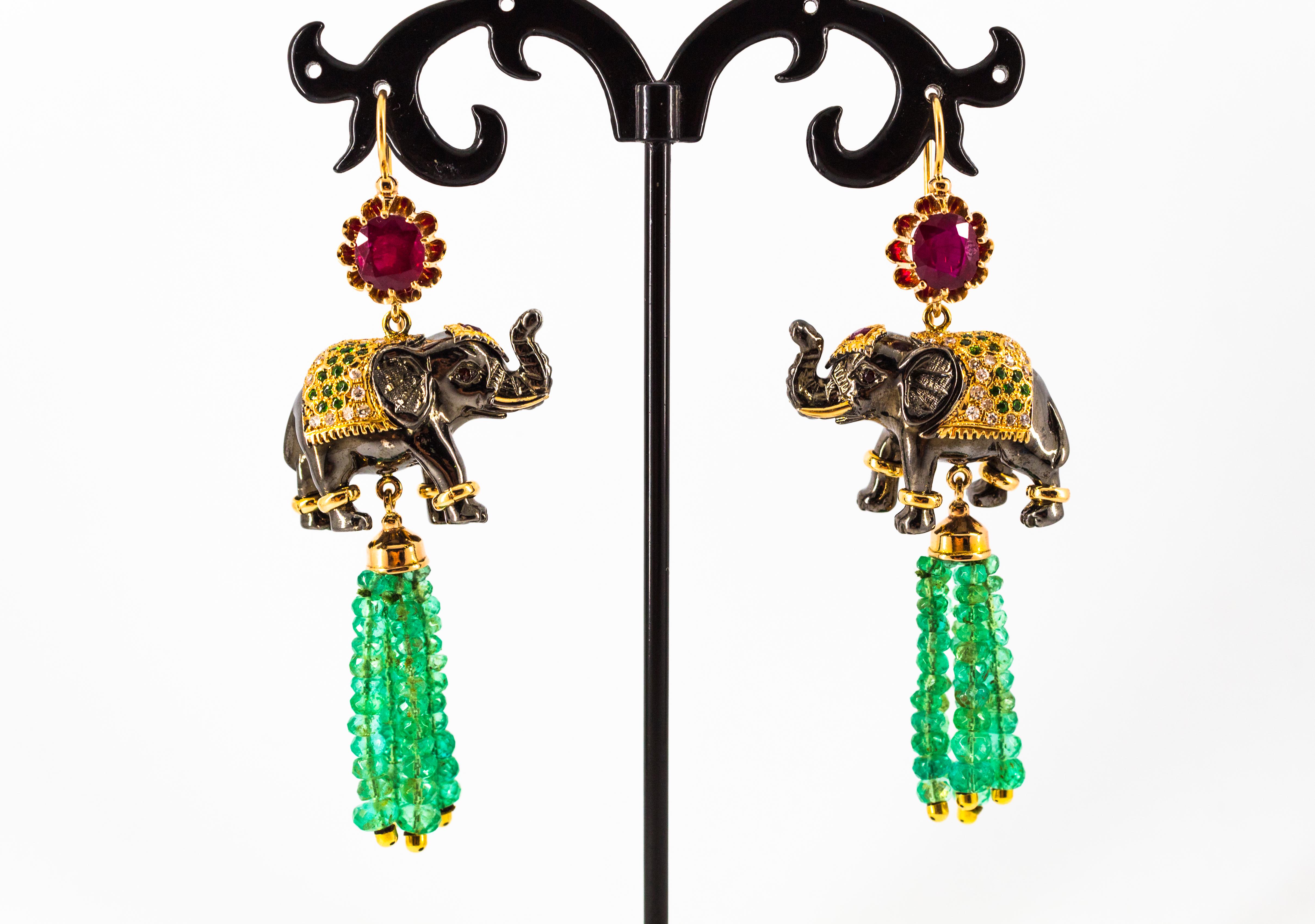 Women's or Men's 42.60 Carat White Diamond Emerald Ruby Tsavorite Yellow Gold Elephants Earrings