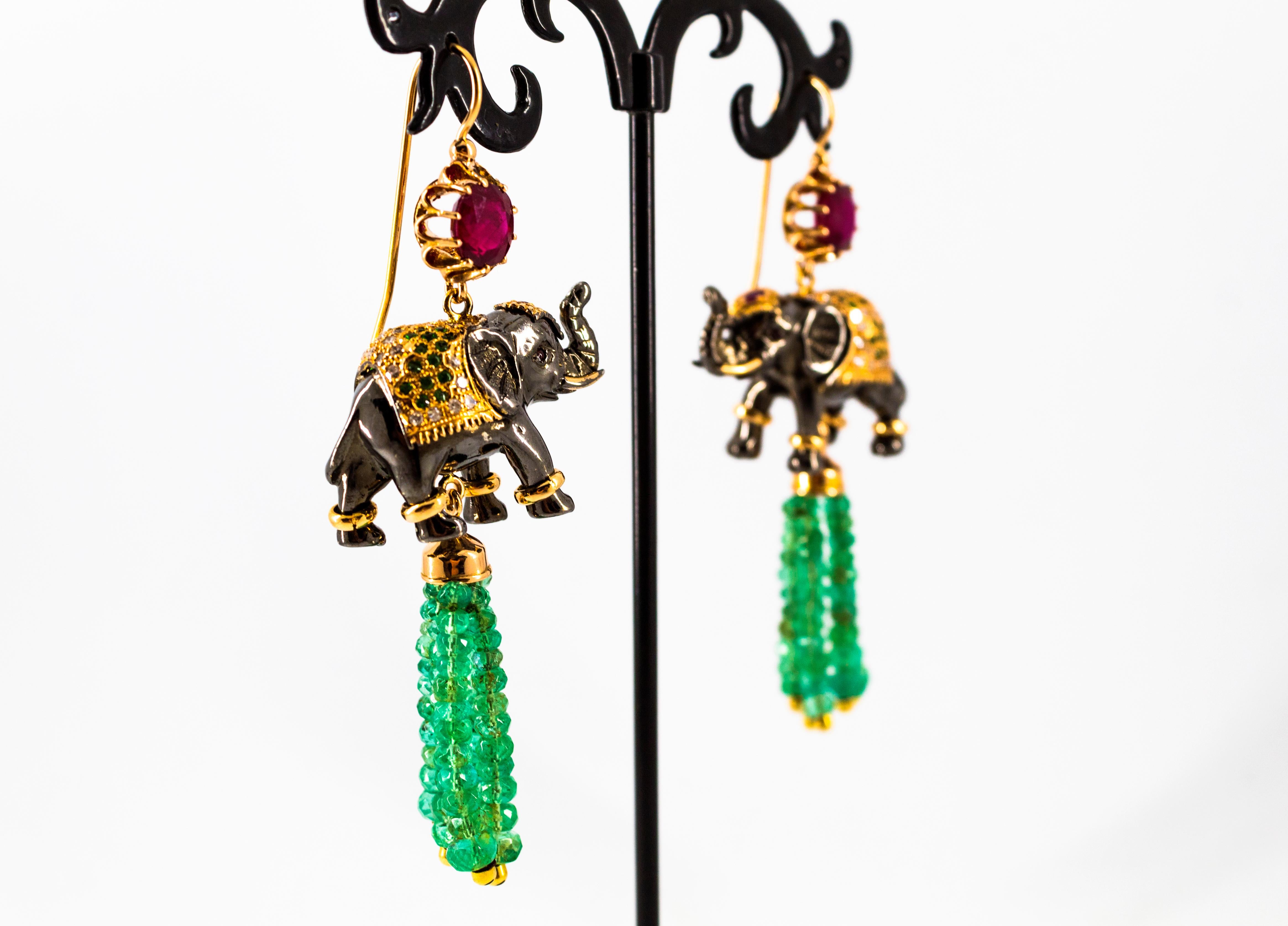 42.60 Carat White Diamond Emerald Ruby Tsavorite Yellow Gold Elephants Earrings 1