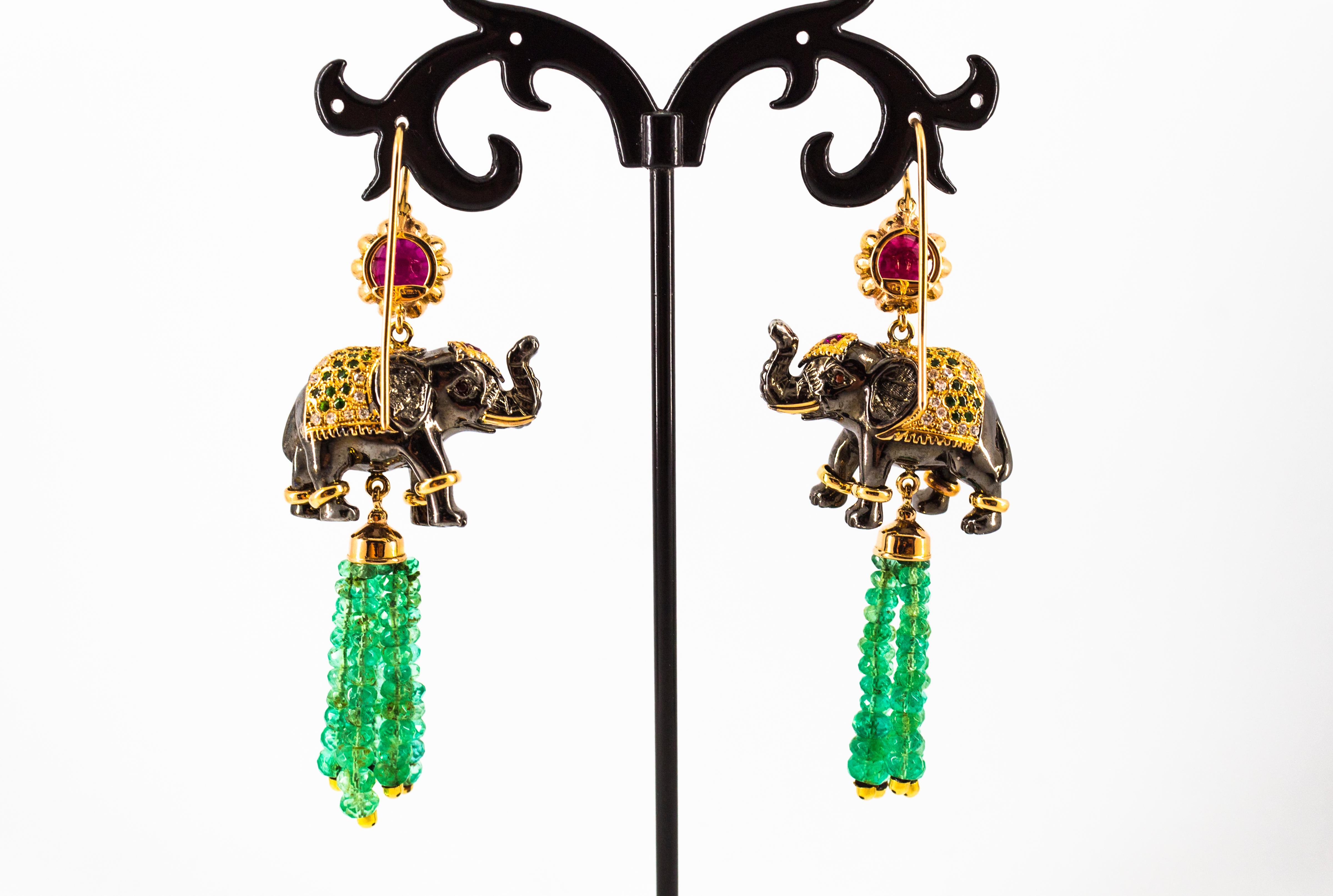 42.60 Carat White Diamond Emerald Ruby Tsavorite Yellow Gold Elephants Earrings 2