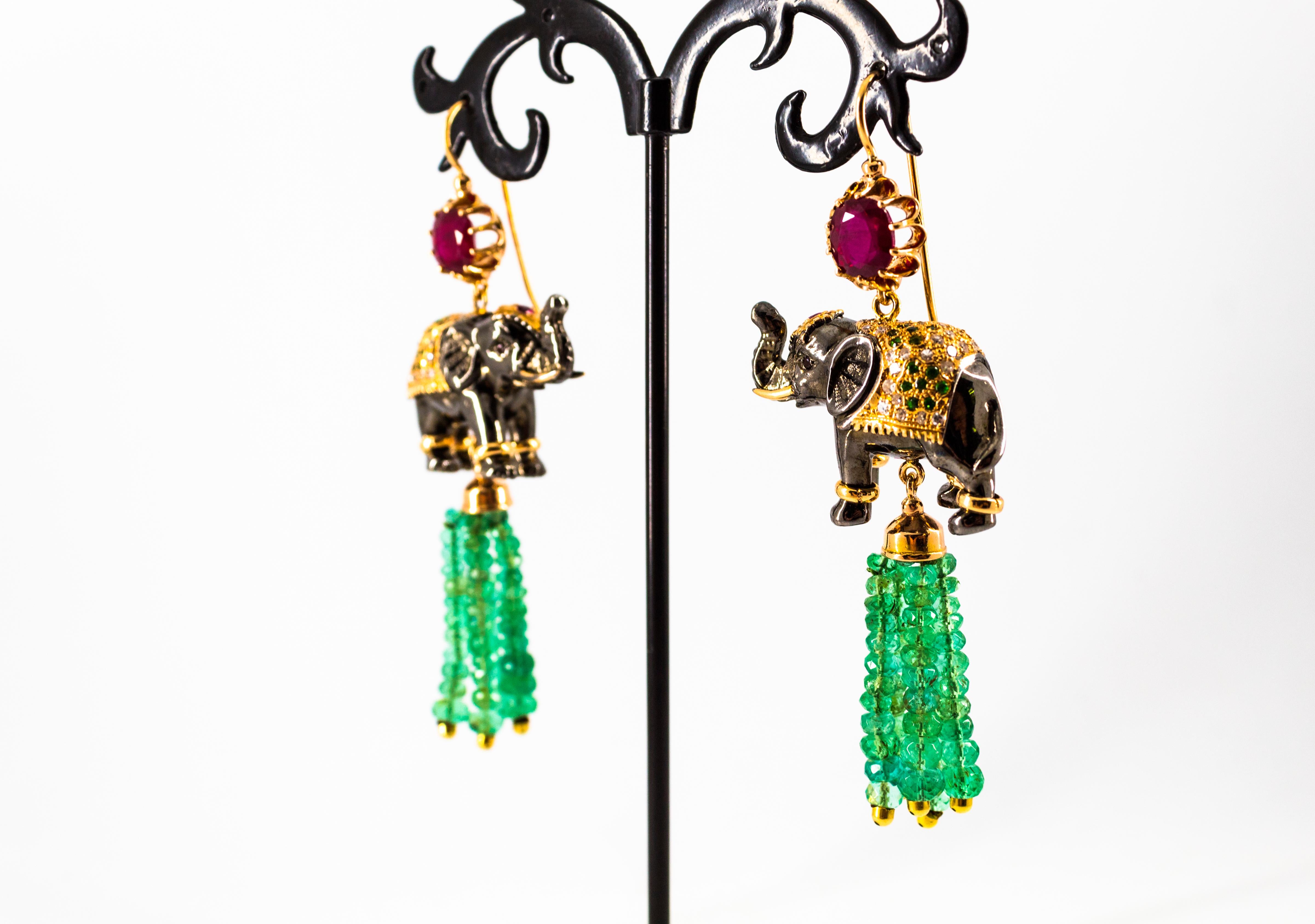 42.60 Carat White Diamond Emerald Ruby Tsavorite Yellow Gold Elephants Earrings 3