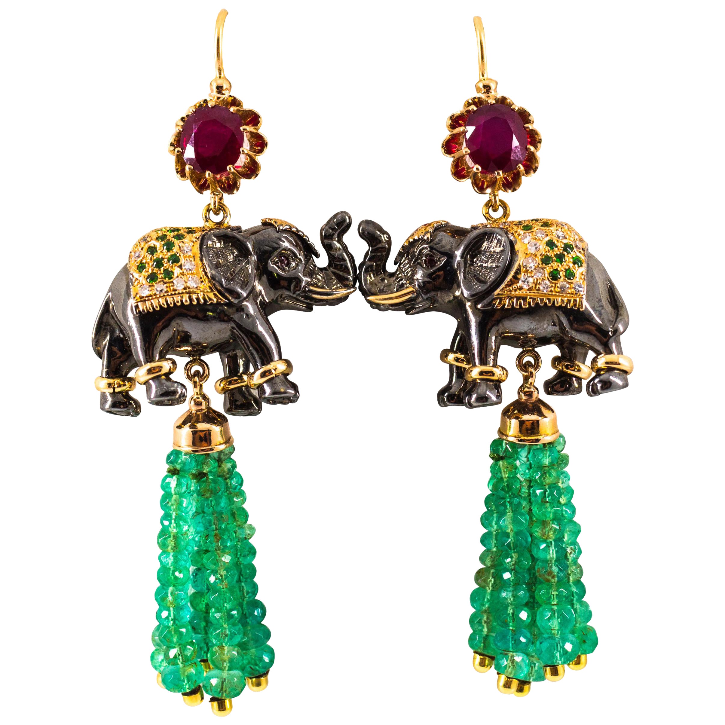 42.60 Carat White Diamond Emerald Ruby Tsavorite Yellow Gold Elephants Earrings For Sale