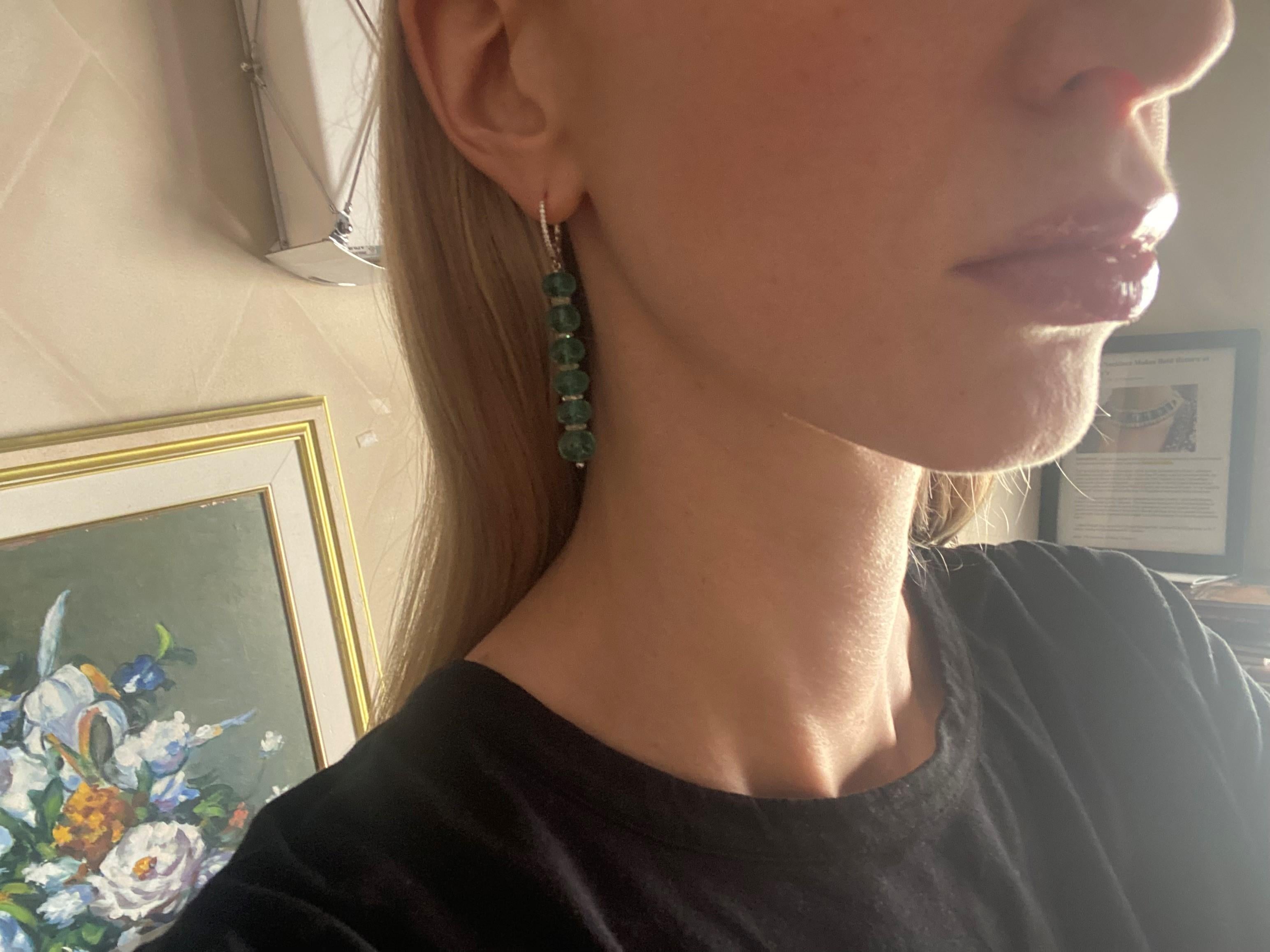Women's or Men's 42.67ct Green Emerald Bead & Diamond Drop Earrings For Sale