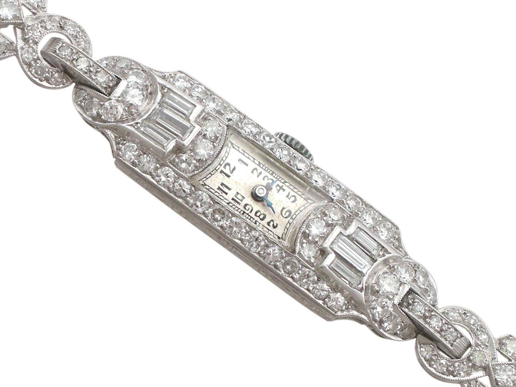 A stunning, fine and impressive antique cocktail watch with 4.26 carats (total) diamonds in platinum ; part of our diverse antique watch and diamond jewellery collections. 

This stunning diamond cocktail watch has been crafted in platinum.

This