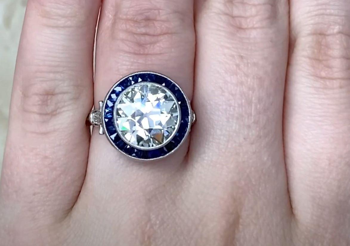 4.26ct Old European Cut Antique Diamond Engagement Ring, Sapphire Halo, Platinum In Excellent Condition For Sale In New York, NY