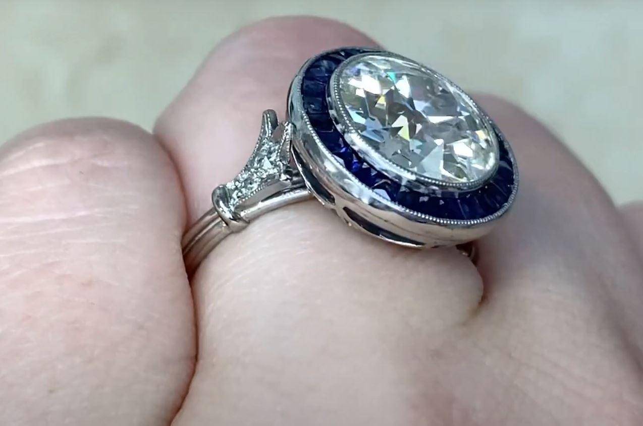 Women's 4.26ct Old European Cut Antique Diamond Engagement Ring, Sapphire Halo, Platinum For Sale