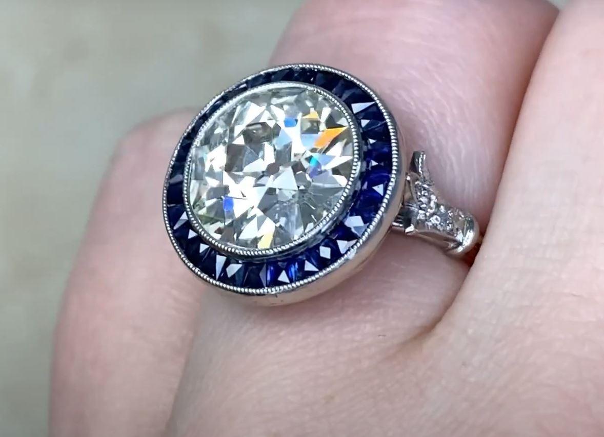 4.26ct Old European Cut Antique Diamond Engagement Ring, Sapphire Halo, Platinum For Sale 1